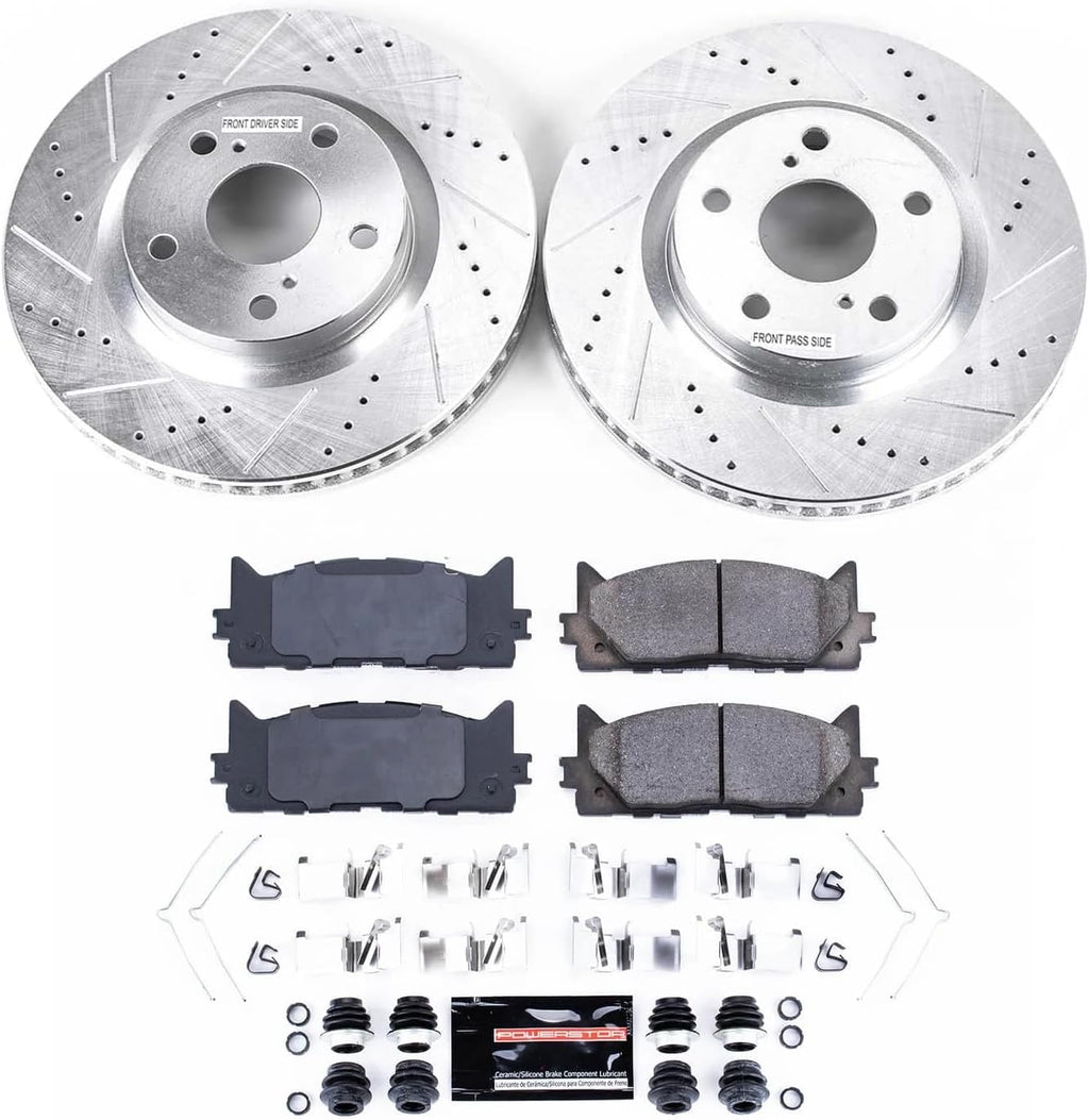 PowerStop Front Brake Kit for Lexus ES300h 2013-18 |ES350 2007-18 |Toyota Avalon 2008-18 |Camry 2007-17 - Drilled and Slotted Disc Rotors with Carbon-Fiber Ceramic Brake Pads Replacement, K3053