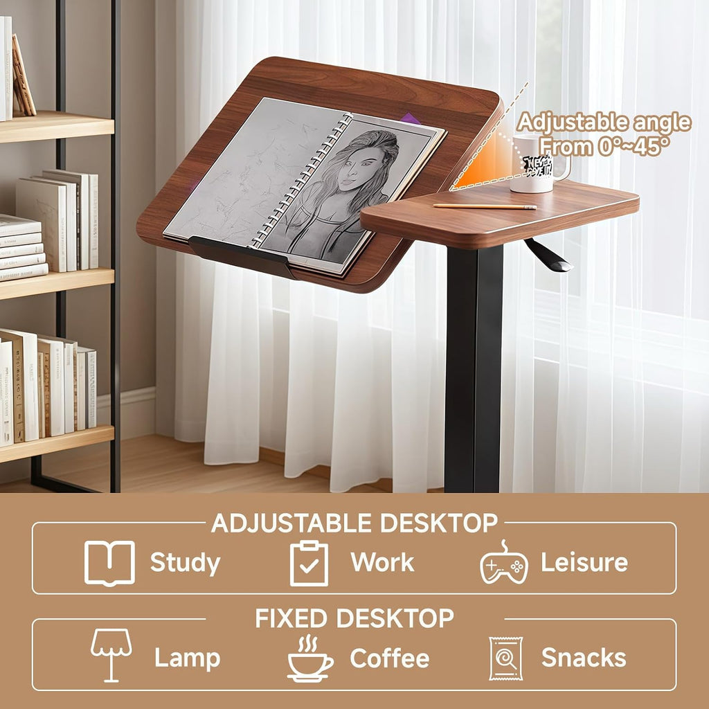 Upgraded Overbed Bedside Desk with Hidden Wheels, Height Adjustable Rolling Laptop Stand with Extended Front Stopper, Tilting Over Bed Table for Bed Sofa, Walnut