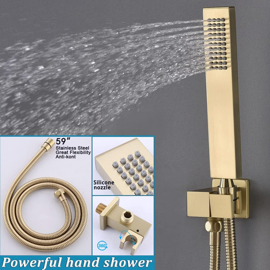 Shower System with Body Jets Brushed Gold Shower Faucet Set 12 Inch Ceiling Mount Rain Shower Faucet Fixture Combo Set Bathroom LED Digital Display Mixer Valve Contain Valve Body and Trim