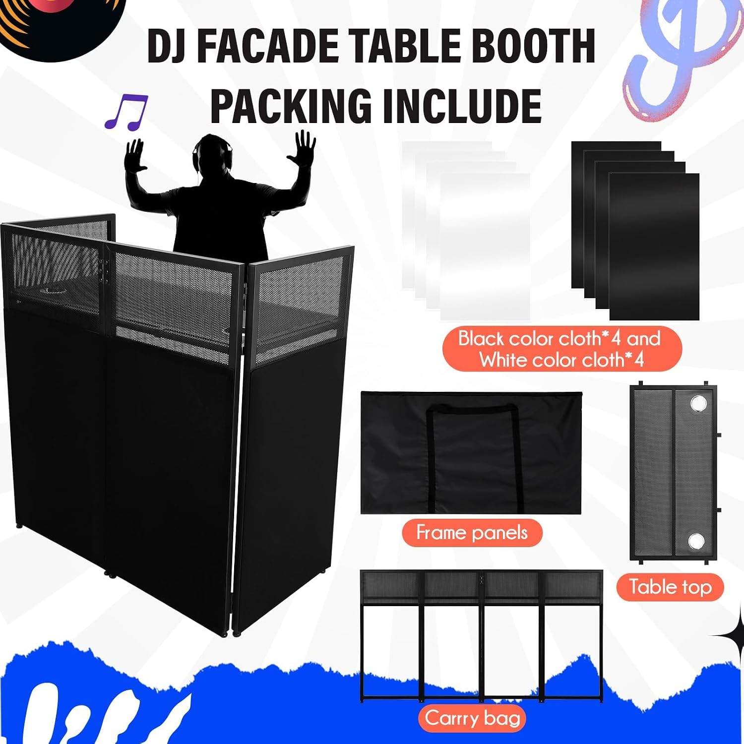 Portable DJ Facade Booth,52'L x 48'H x 26'W DJ Table Facade With White & Black Scrim,Foldable Metal Frame DJ Table Stand Station With Adjustable Feet for Party