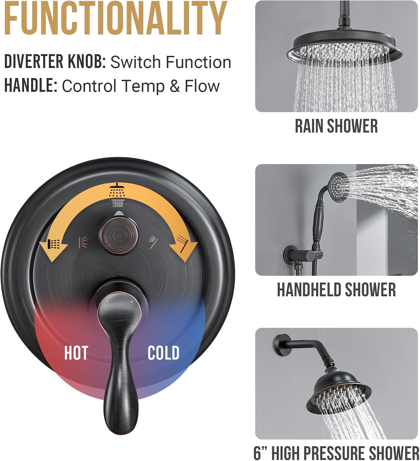 DASAN Antique Dual Shower Head Faucet Set, Oil Rubbed Bronze Dual Rain Shower Head System Complete Double Head Shower Fixture Combo, 9'' & 6'' Dual Rainfall Overhead Shower with Handheld, Valve & Trim
