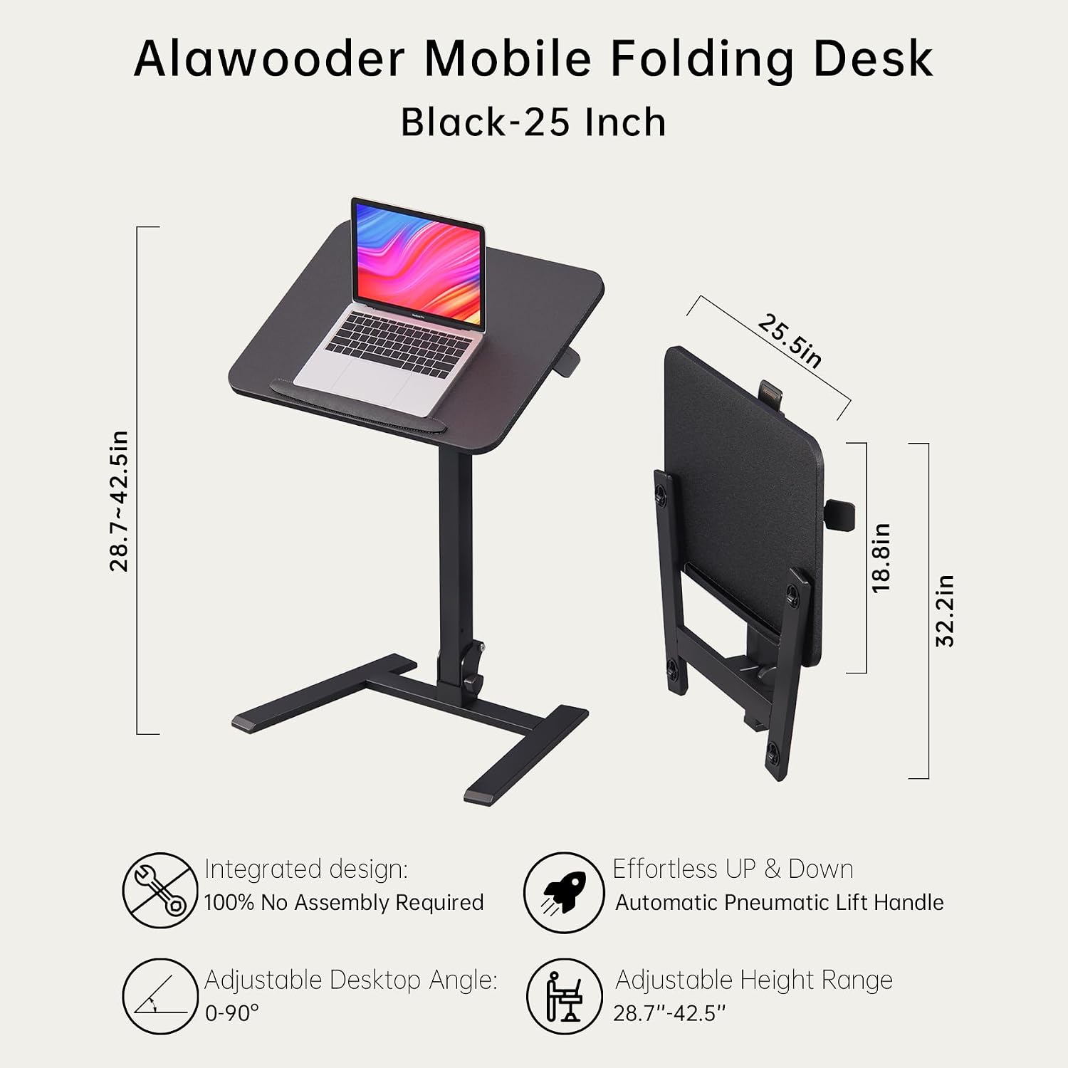 alawooder 25 Inch Mobile Folding Desk - No Assembly, Pneumatic Sit-Stand, 29-42' Height Adjustable Rolling Laptop Desk with Hidden Wheels, 0-90° Tilt Top for Home Office, Craft & Study
