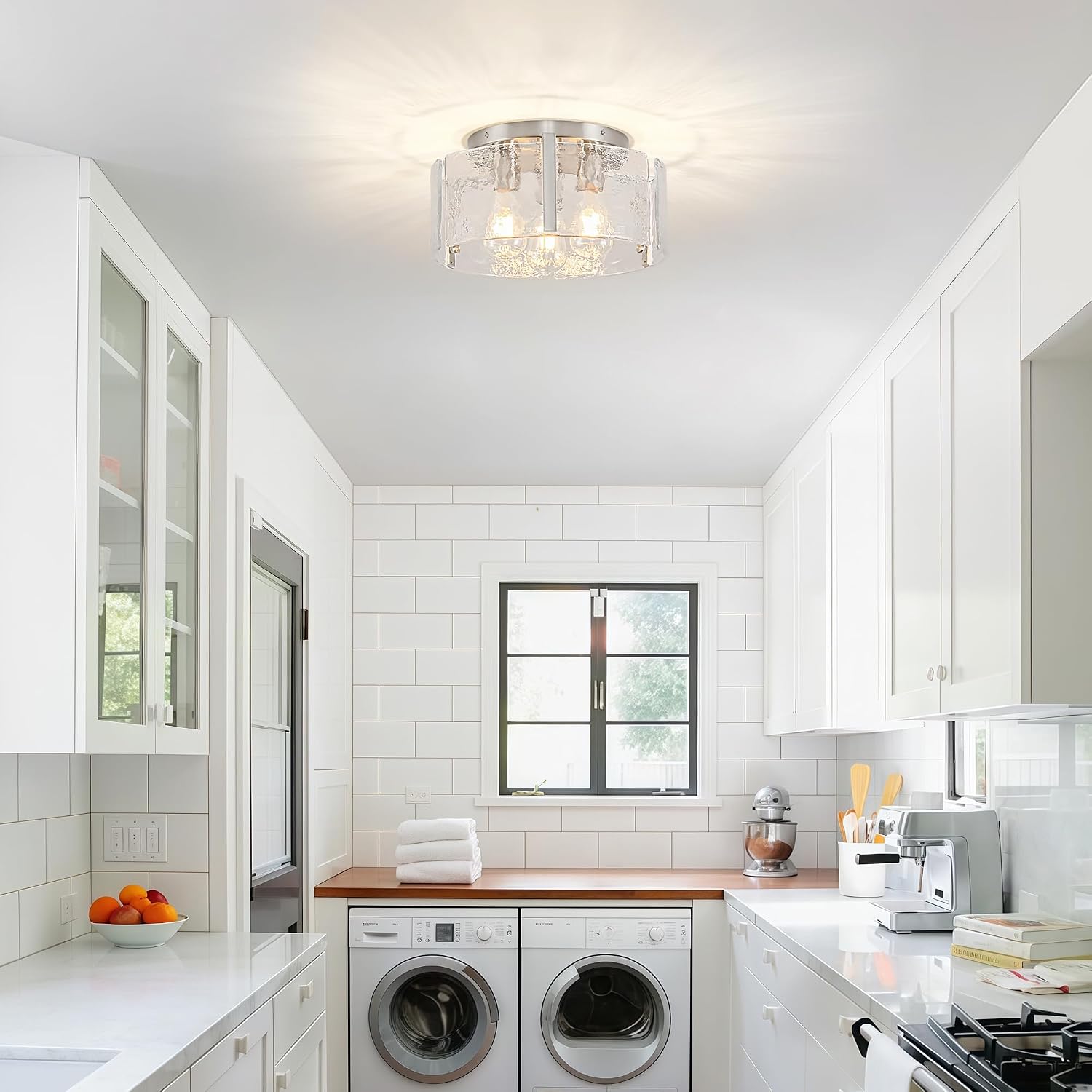 14.9 Inch Modern Semi Flush Mount Ceiling Light, Nickel Glass Ceiling Light Fixture 3-Light Kitchen Island Light Fixtures Ceiling Light for Foyer Hallway Bedroom Laundry Entryway Lighting Fixtures
