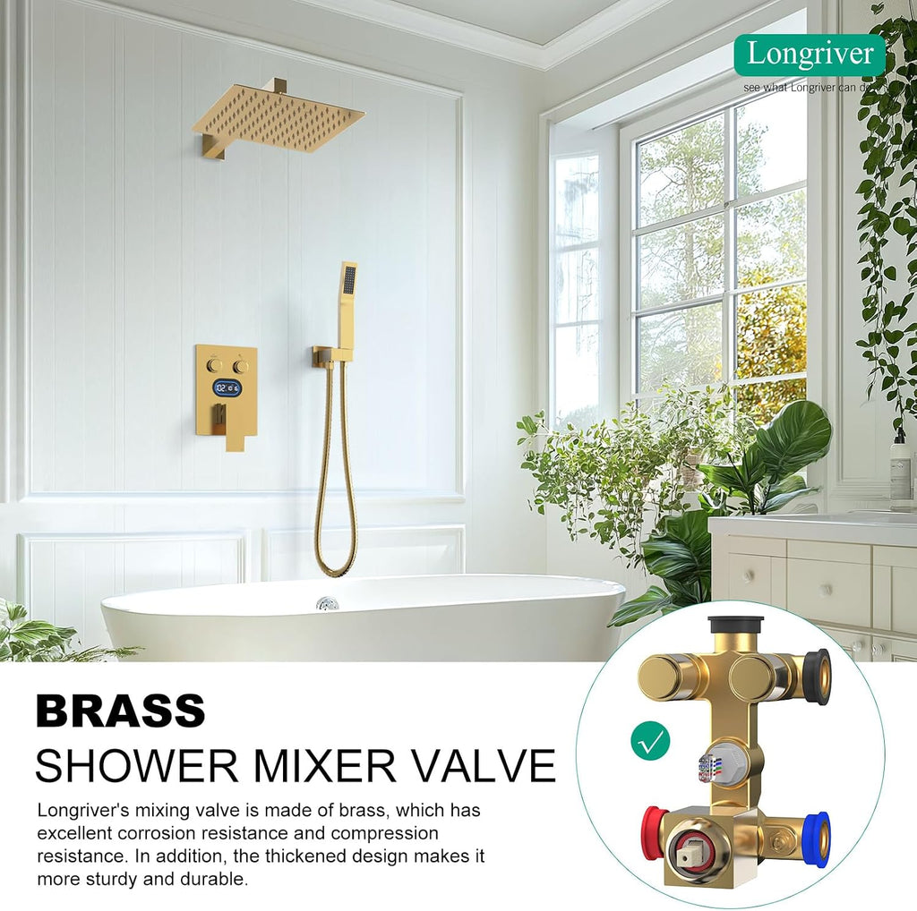 Push Button Diverter Shower Faucet Set Hydro Power Temperature Display, Shower System 12 Inch Shower Head with Handheld Spray, Wall Mounted Shower Fixtures with Valve and Trim Kit, Brushed Gold