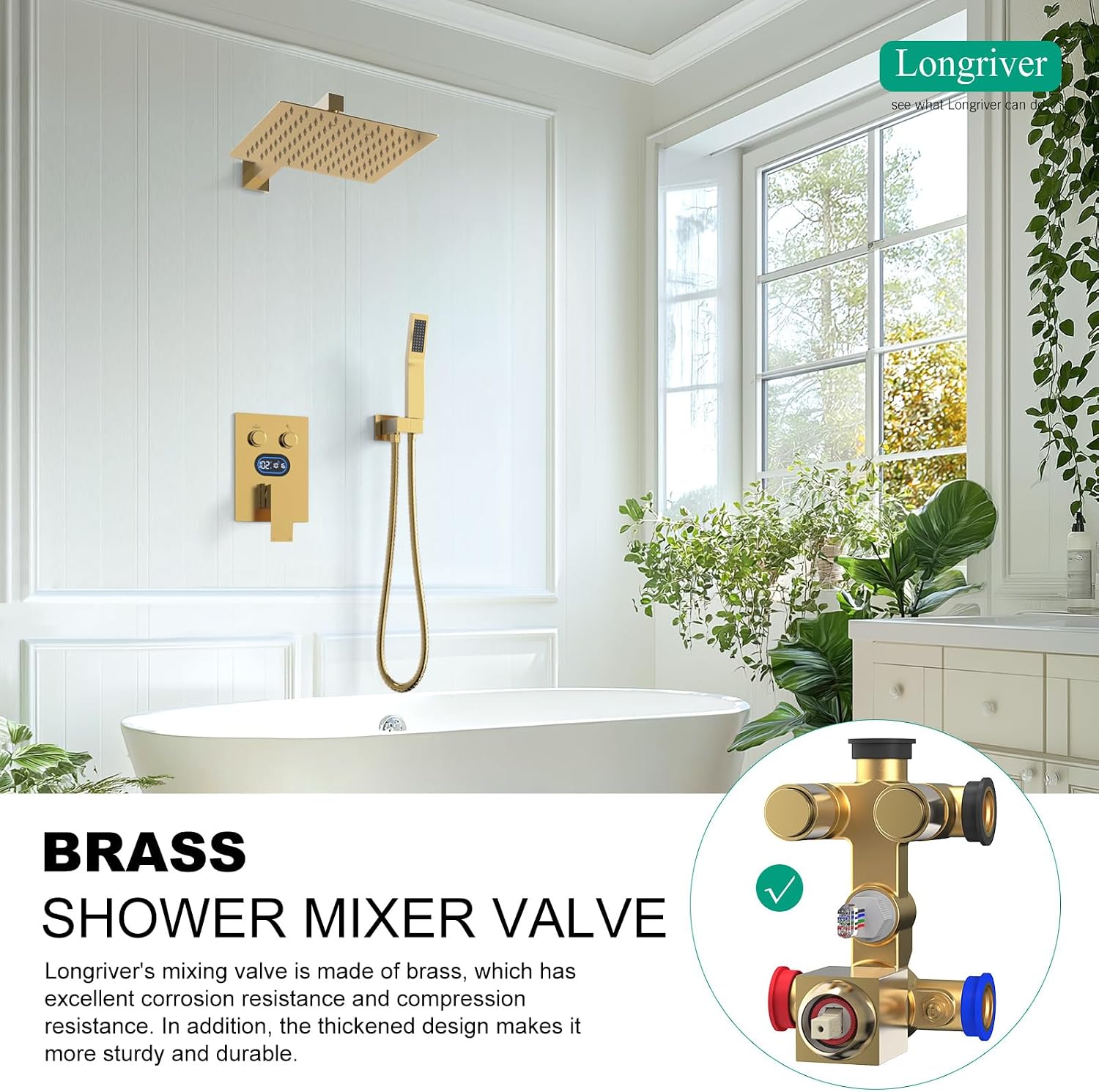 Push Button Diverter Shower Faucet Set Hydro Power Temperature Display, Shower System 12 Inch Shower Head with Handheld Spray, Wall Mounted Shower Fixtures with Valve and Trim Kit, Brushed Gold