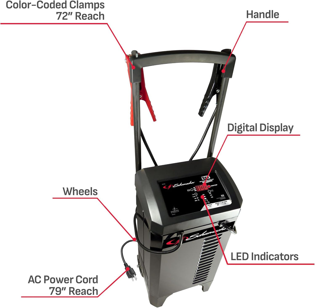 Schumacher Electric Wheeled Automatic 6A Car Battery Charger and 250A Engine Starter, 6-in-1 Solution, Maintainer, 40A Boost, for 6V/12V Power Sport, Automotive, and Marine Batteries, SC1325