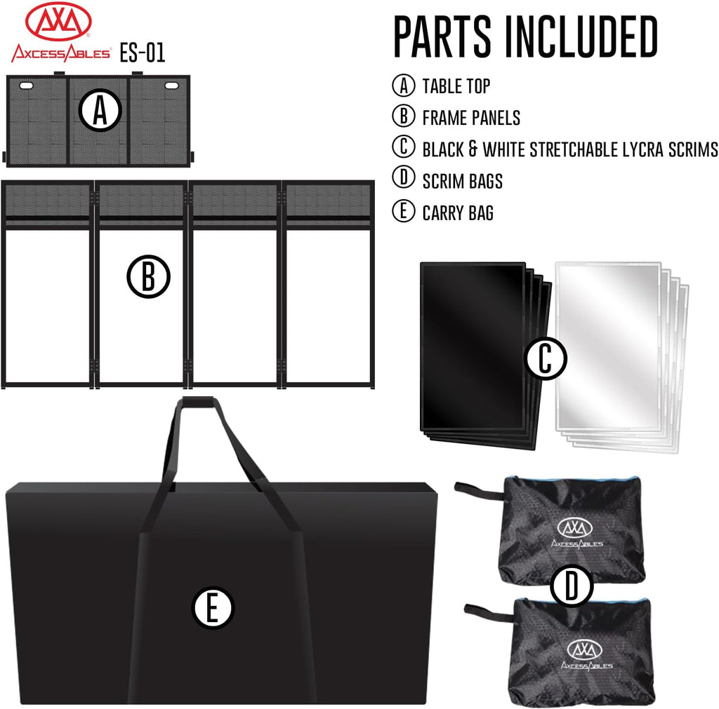 AxcessAbles Portable DJ Facade Booth with Black and White Lighting Scrims, Carry Cases | Standing DJ Table - 40' x 20' | DJ Controller Stand | Recording Mixer Stand | DJ Booth (ES-01)