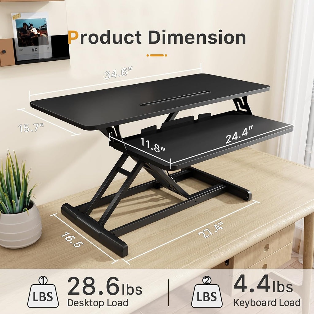 JOY worker Standing Desk Converter, 35' Wide Height Adjustable Sit Stand Up Desk Riser with Keyboard Tray, Desktop Workstation Riser for Home Office Computer Laptop, Particle Board, Black