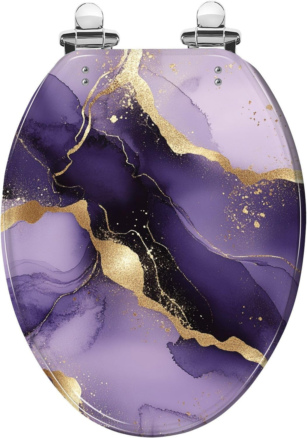 Elongated Toilet Seat Purple marble gold stripes alcohol ink Luxury violet black watercolor Resin Toilet Seat Slow Quiet Close Lid with Quick-Release Hinges Cover Bumpers Easy to Clean Install