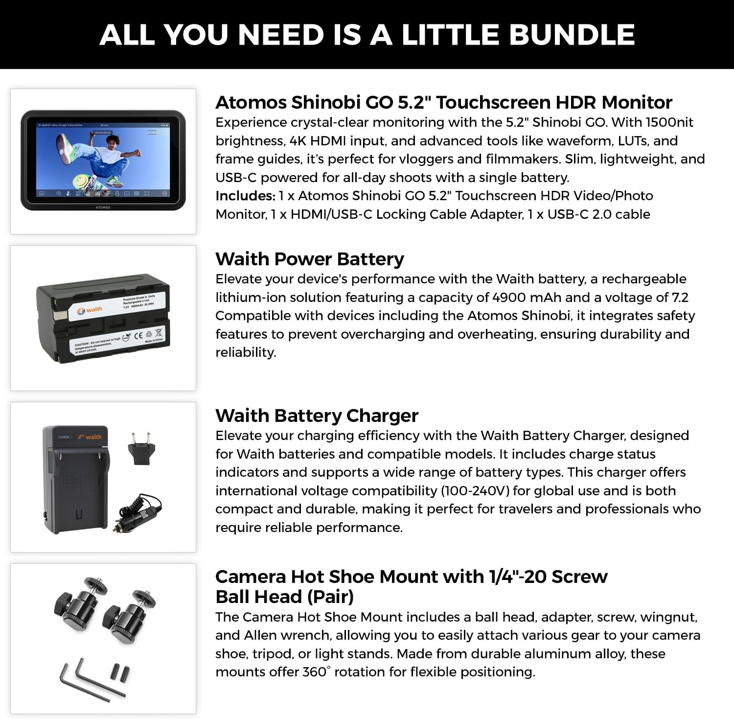 Atomos Shinobi GO 5.2' Touchscreen HDR Video/Camera Monitor | Portable 4K HDMI Field Monitor for DSLR & Camera with Waith Battery, Charger and Camera Hot Shoe Mount Advanced Bundle Set
