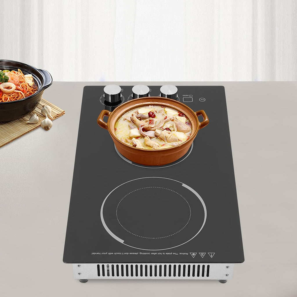 Electric Ceramic Cooktop, Built-In 2 Burners Electric Cooktop, 1700W Countertop Electric Cooktop Stovetop with Kid Safety Lock, LED Display Screen, Timer, and 5 Gears