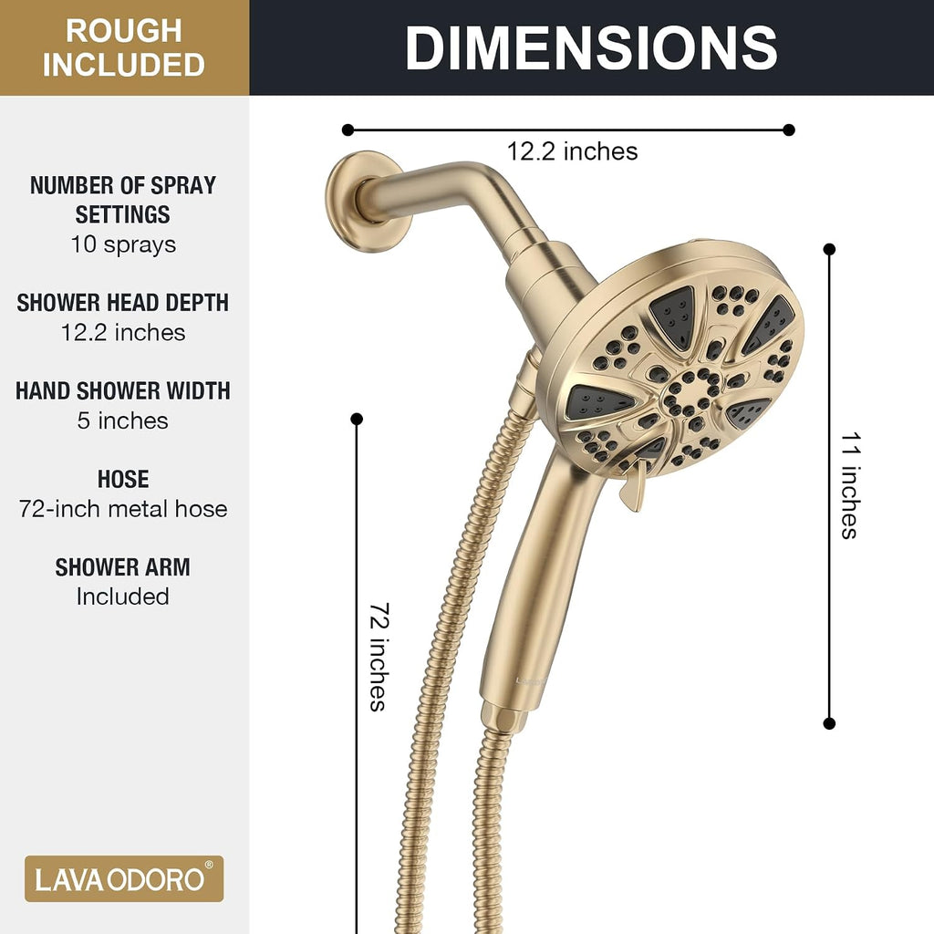 LAVA ODORO Handheld Shower Head with Magnetic Docking System, 10-Function High Pressure Detachable Shower Head, 5-inch Showerhead with 72 Inch Hose, Champagne Gold, SH180-CB