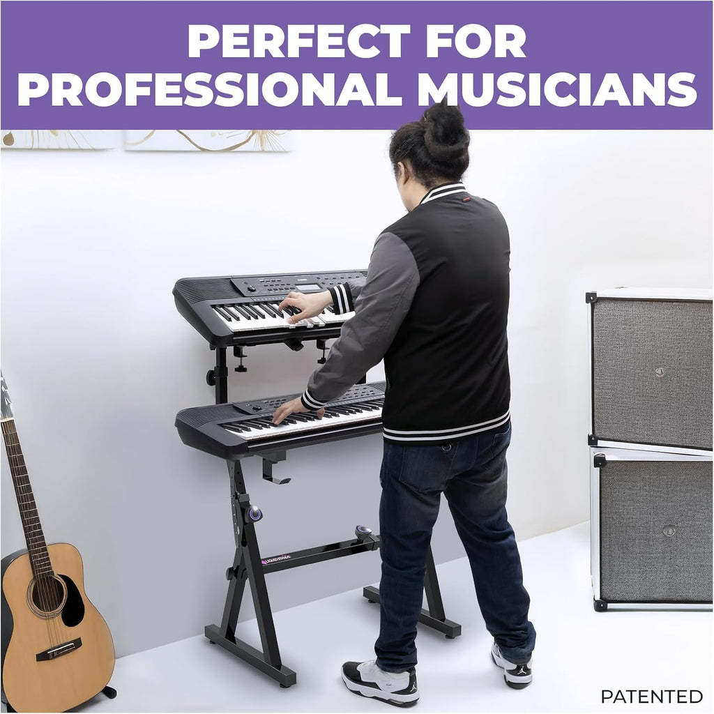 Liquid Stands Dual Piano Keyboard Stand with 2nd Tier - Z Style Adjustable and Portable 2 Tier Heavy Duty Music Stand for Synths and Electric Digital Keyboards - Fits 54 61 88 Key Pianos