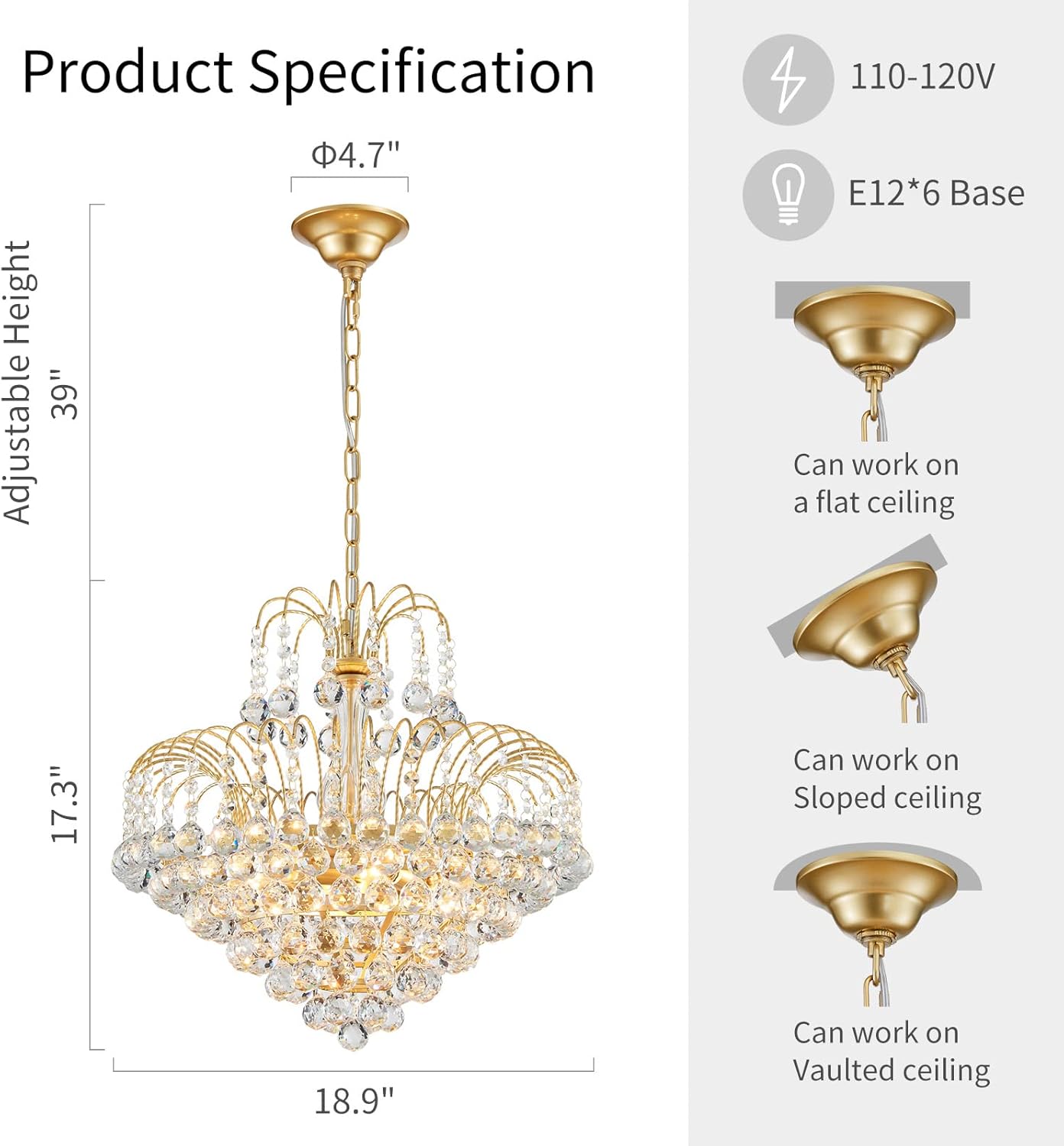 WUZUPS Crystal Chandelier Pendant Flushmount Ceiling Light Modern Lighting Fixture for Bedroom Hallway Bar Kitchen Bathroom, H 17.3' x W 18.9', Gold, E12 Base