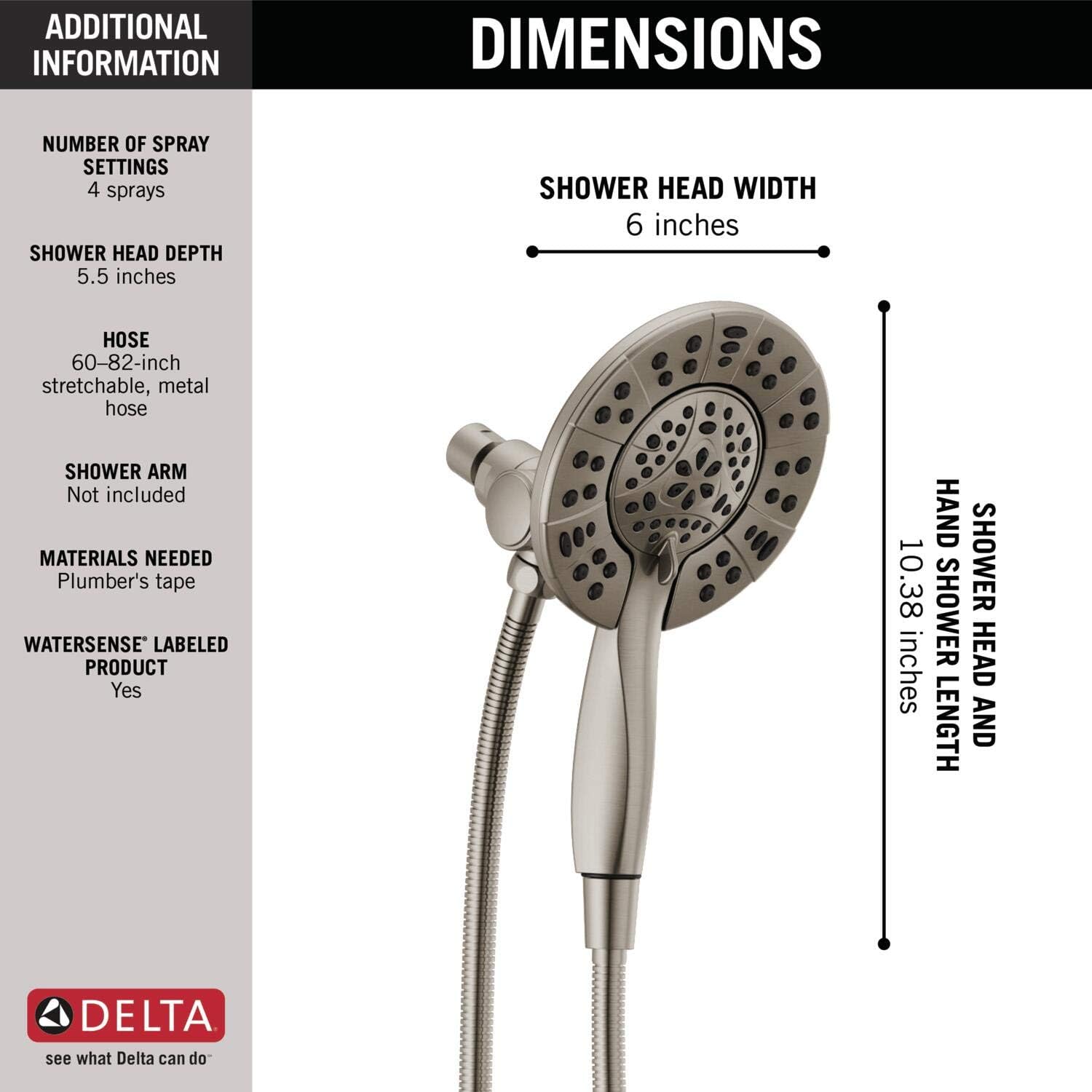 Delta 4-Setting In2ition 2-in-1 Dual Shower Head with HandHeld Spray, Brushed Nickel Detachable Shower Head with Hose, Showerhead, 1.75 GPM Flow Rate, Stainless 58499-SS