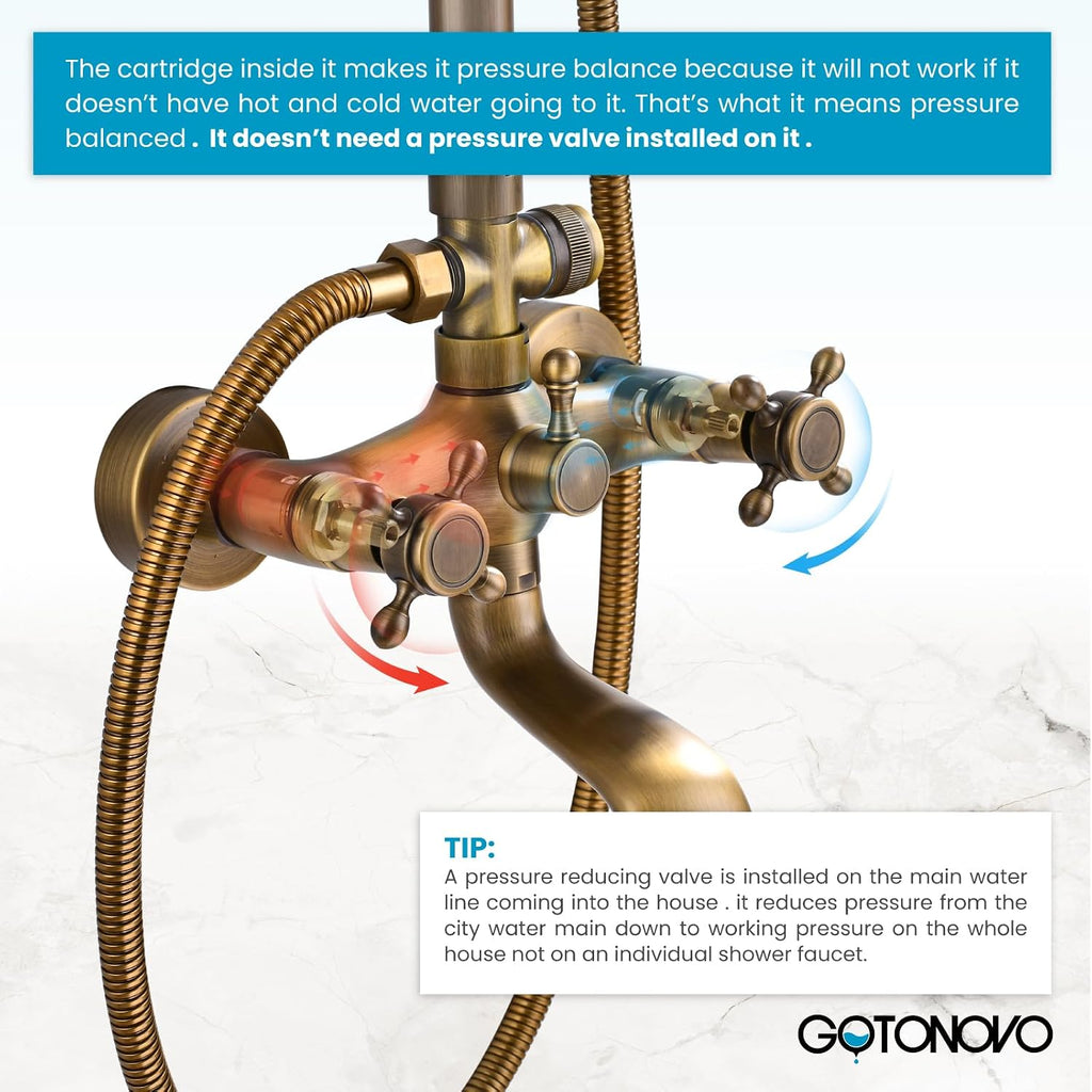 gotonovo Bathroom Exposed Shower Faucet Outdoor Shower System 8 Inch Rainfall Shower Head Set with Tub Spout and Handheld Spray Double Cross Handles Wall Mount without Shower Shelf Antique Brass