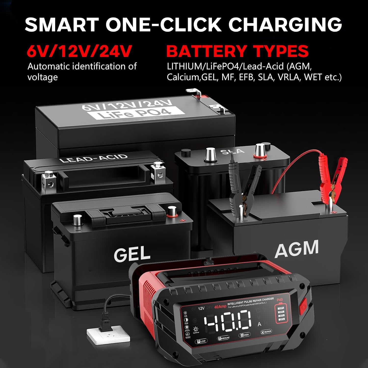40 Amp Battery Charger, 6V/12V/24V Smart trickle Charger,car Battery Charger,Lithium, Lifepo4, Lead Acid (AGM/Gel/SLA...) Battery maintainer, desulfurizer, for:car, Boat, Motorcycle,Lawn mowers..