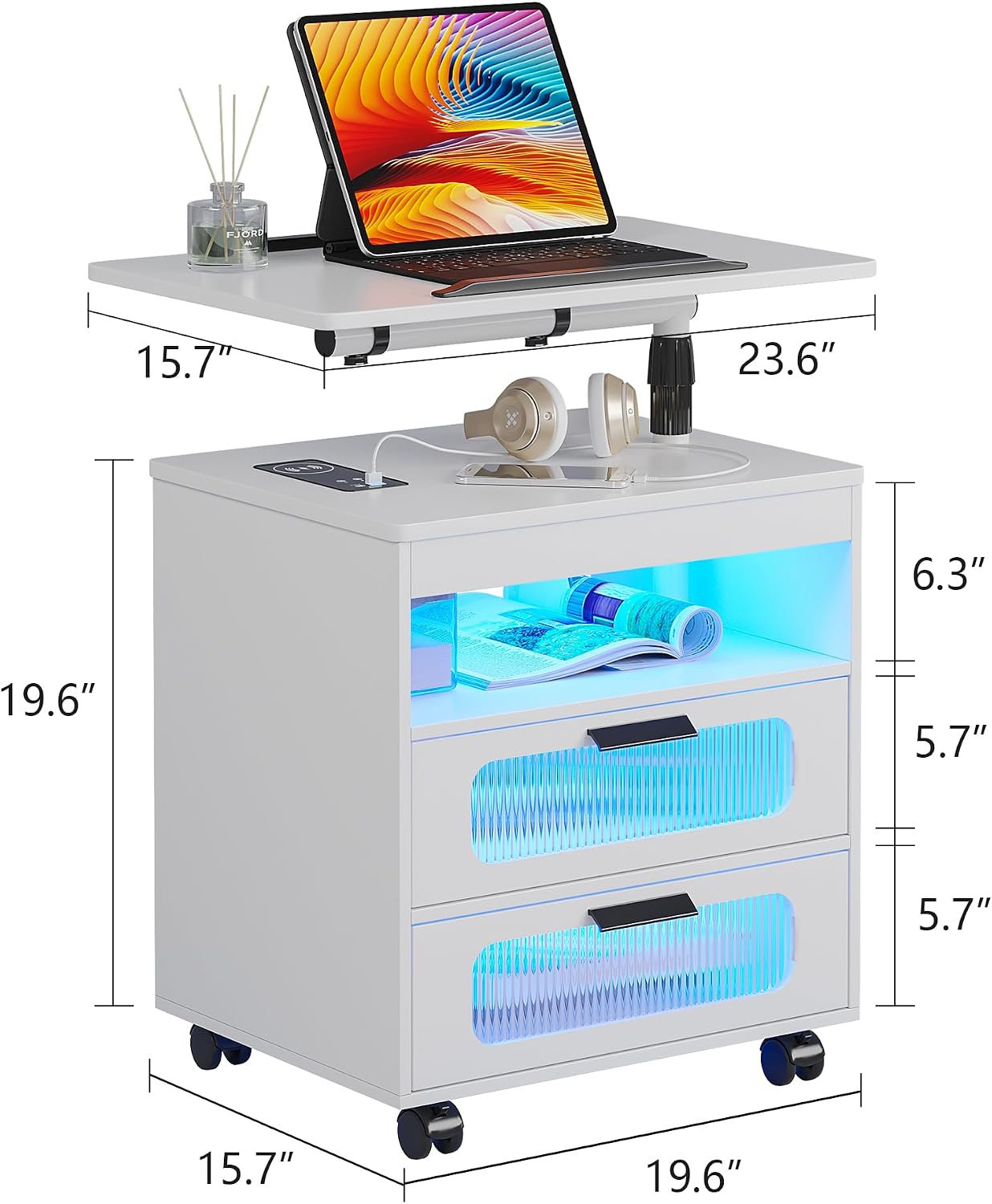 HNEBC LED Nightstand Set of 2 with Charging Station & Adjustable Overbed Desk, 3 Color LED Lights & Body Sensor, Mobile Bedside Table with Wheels, 2 Drawers & Open Shelf for Bedroom(White)