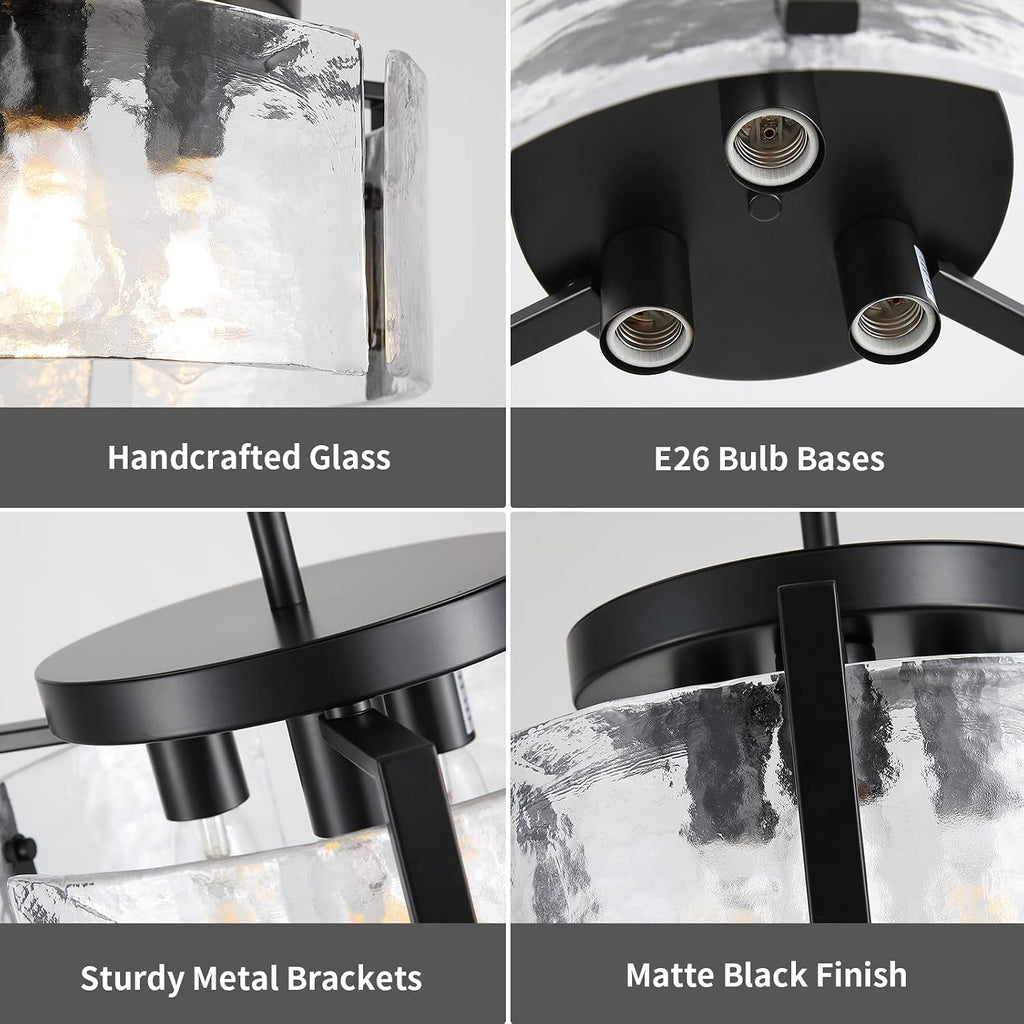 Black Dining Room Light Fixture, 3-Light Glass Drum Chandelier for Entryway, Farmhouse Kitchen Chandeliers Over Table Modern Lighting Fixtures for Foyer Hallway Bedroom Living Room
