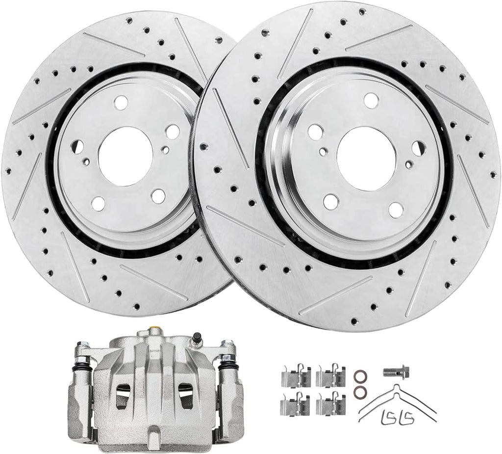 Detroit Axle - Front Drilled Rotors & Left Brake Caliper Replacement for Toyota Highlander Lexus RX350 NX300 NX300h RX450h NX200t - 3pc Set