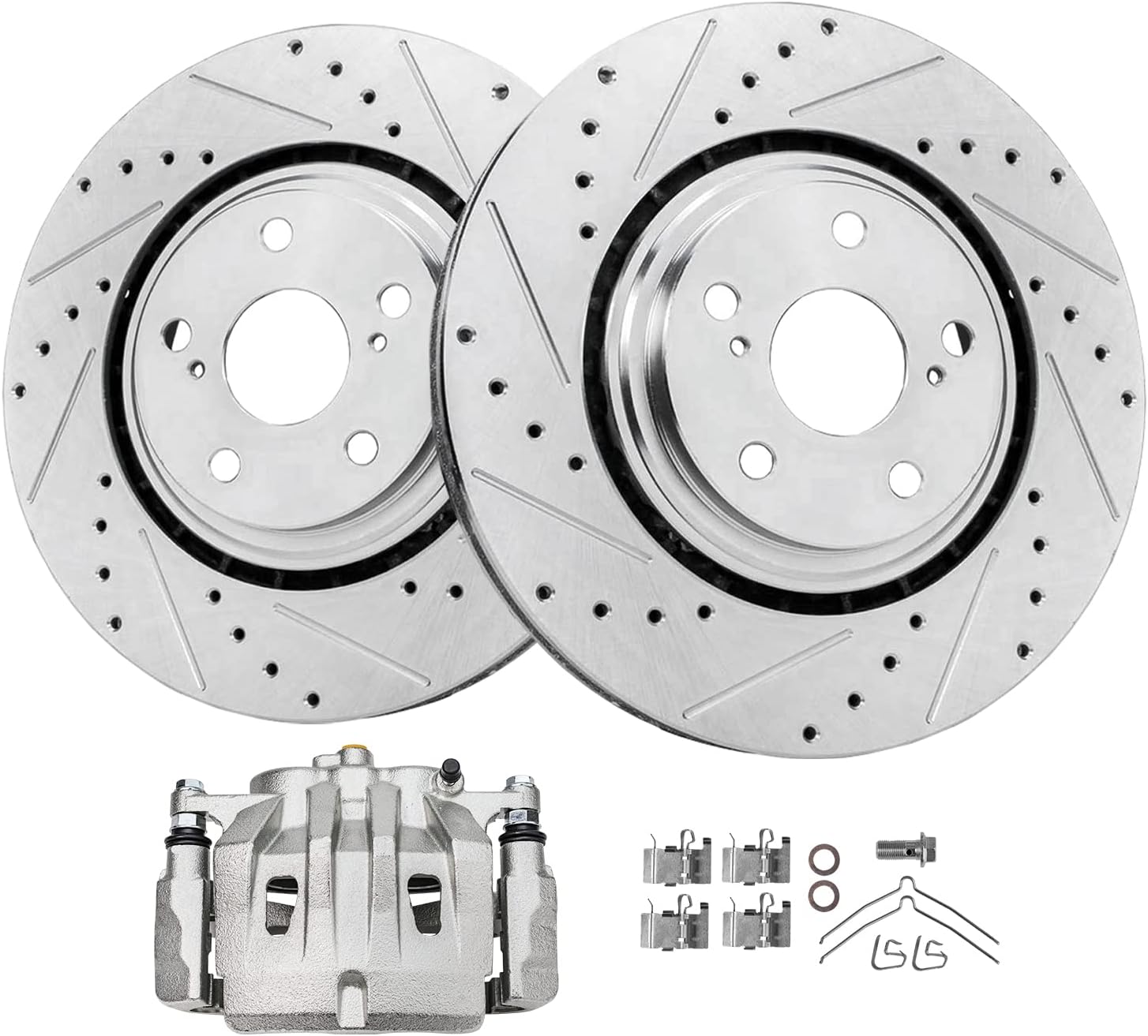 Detroit Axle - Front Drilled Rotors & Left Brake Caliper Replacement for Toyota Highlander Lexus RX350 NX300 NX300h RX450h NX200t - 3pc Set