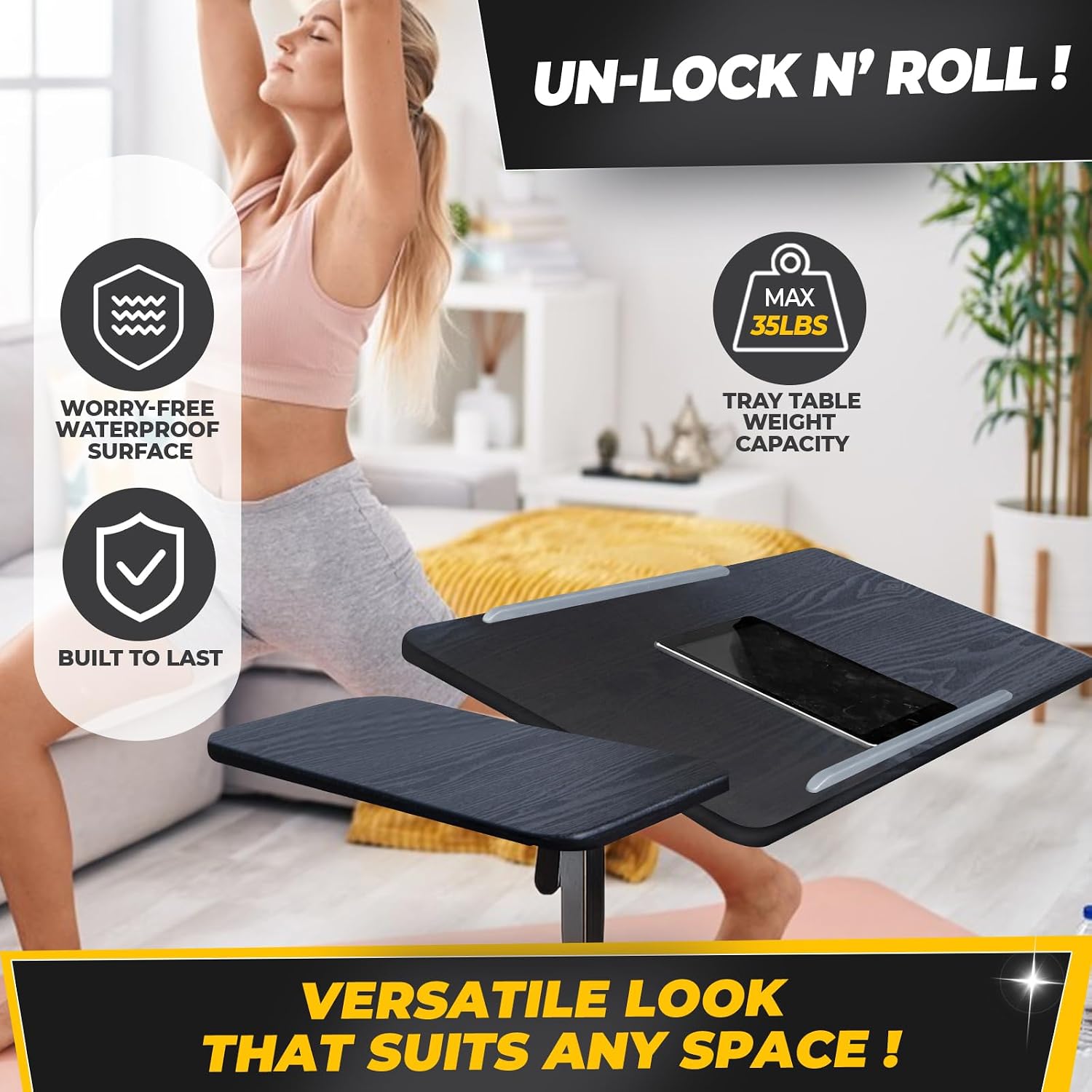 Recliner Table, Over the Bed Table with Wheels, Adjustable Width & Height, with Split Tilt Design & 4 Caster Wheels with Brakes (Black Oak Tabletop, Black Base)