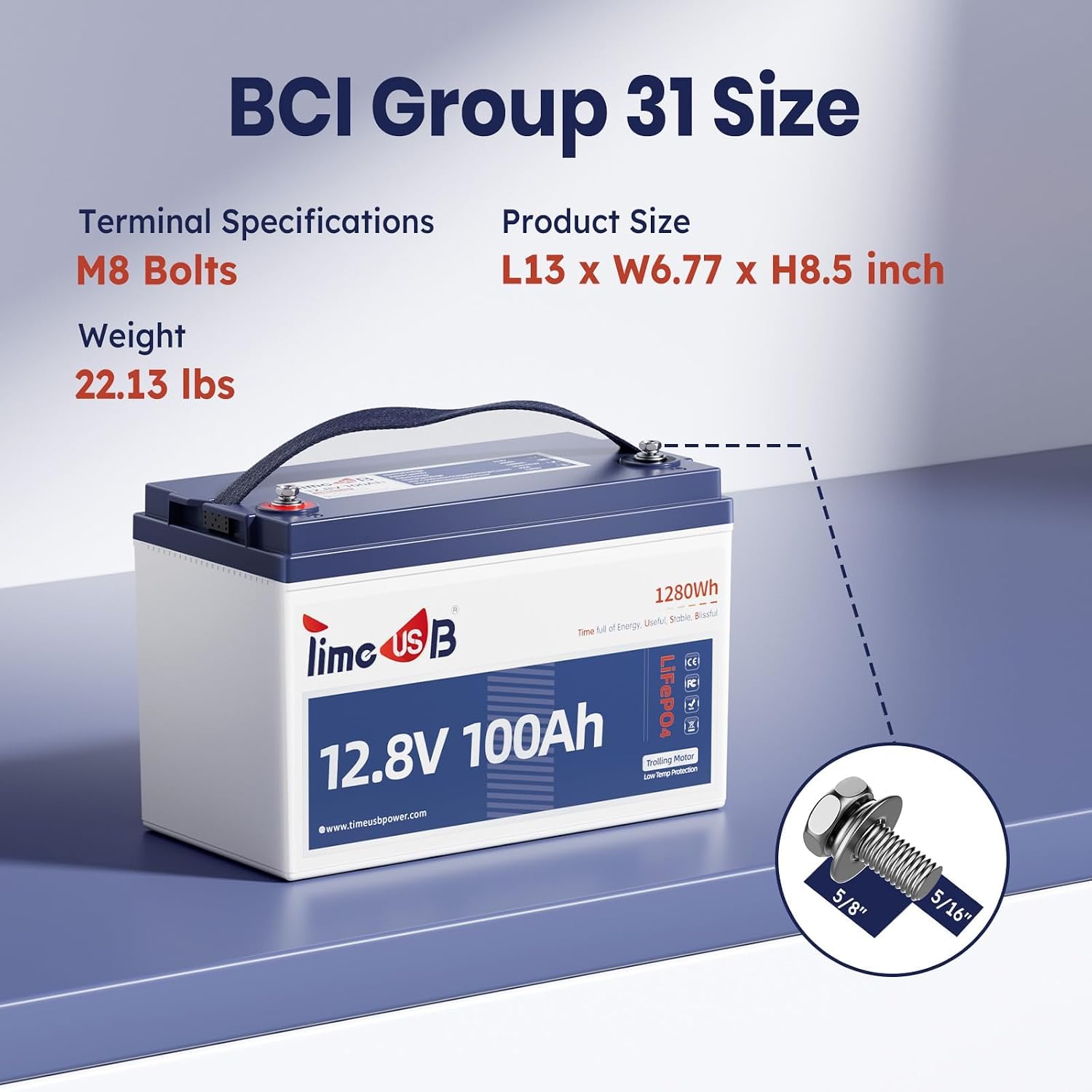 Timeusb 12V 100Ah Trolling Motors LiFePO4 Lithium Battery Group 31 with Low-Temp Protection, 15000 Deep Cycle Marine Batteries with 100A BMS Perfect for Marine,RV, Solar, Travel Trailer