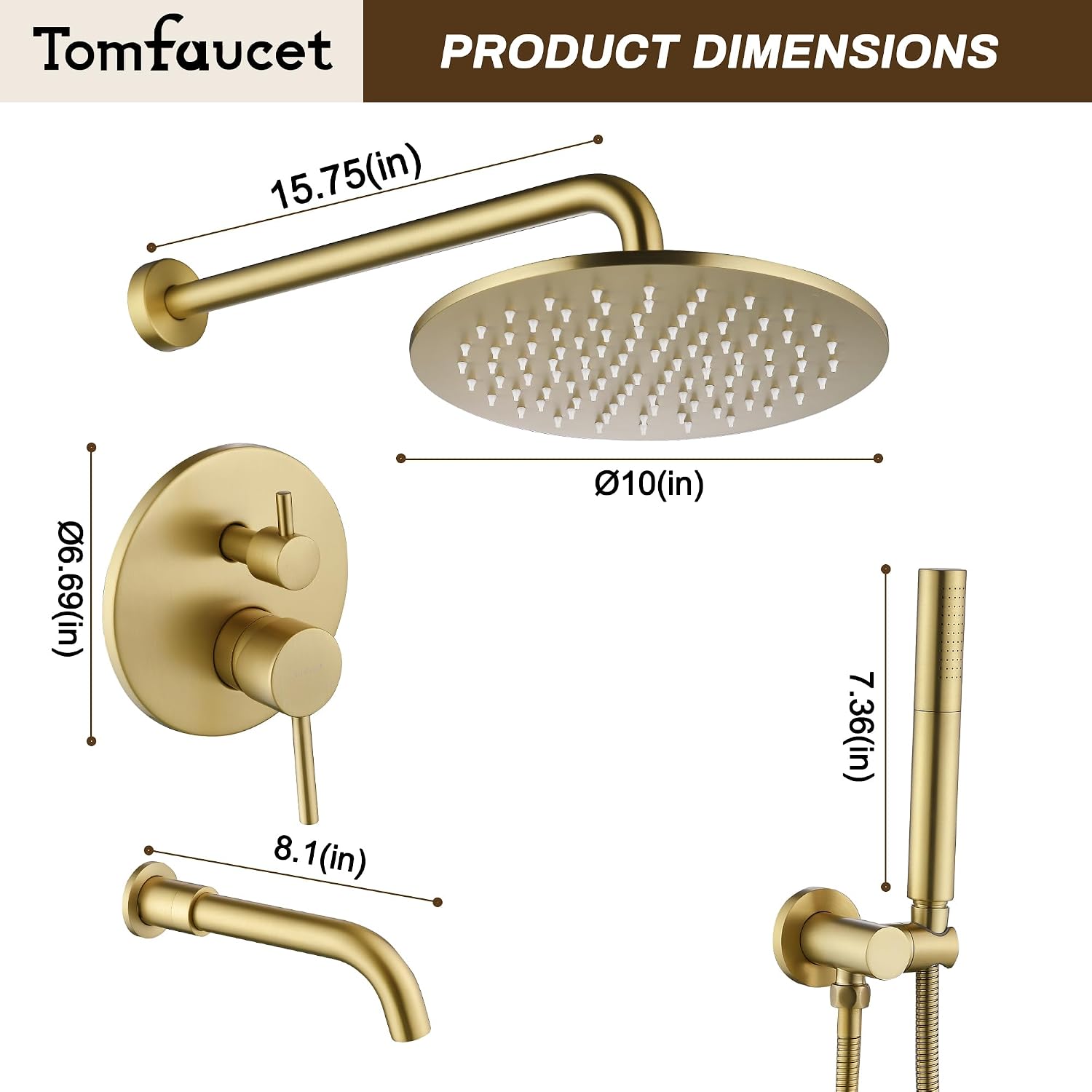 Shower System with Tub Spout, 3 Functions 10' Round Wall Mounted Rain Shower System, High-Pressure Rain Shower Head with 2 Modes Handheld Spray, Brushed Gold Shower Systems