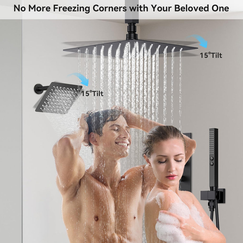 Thermostatic Shower System,Shower Faucet Set,12 Inch Ceiling Mounted and 6 Inch Wall Mount Rain Shower Head with 2 in 1 Handhled,Push Button Diverter Dual Shower Head Combo Set Matte Black