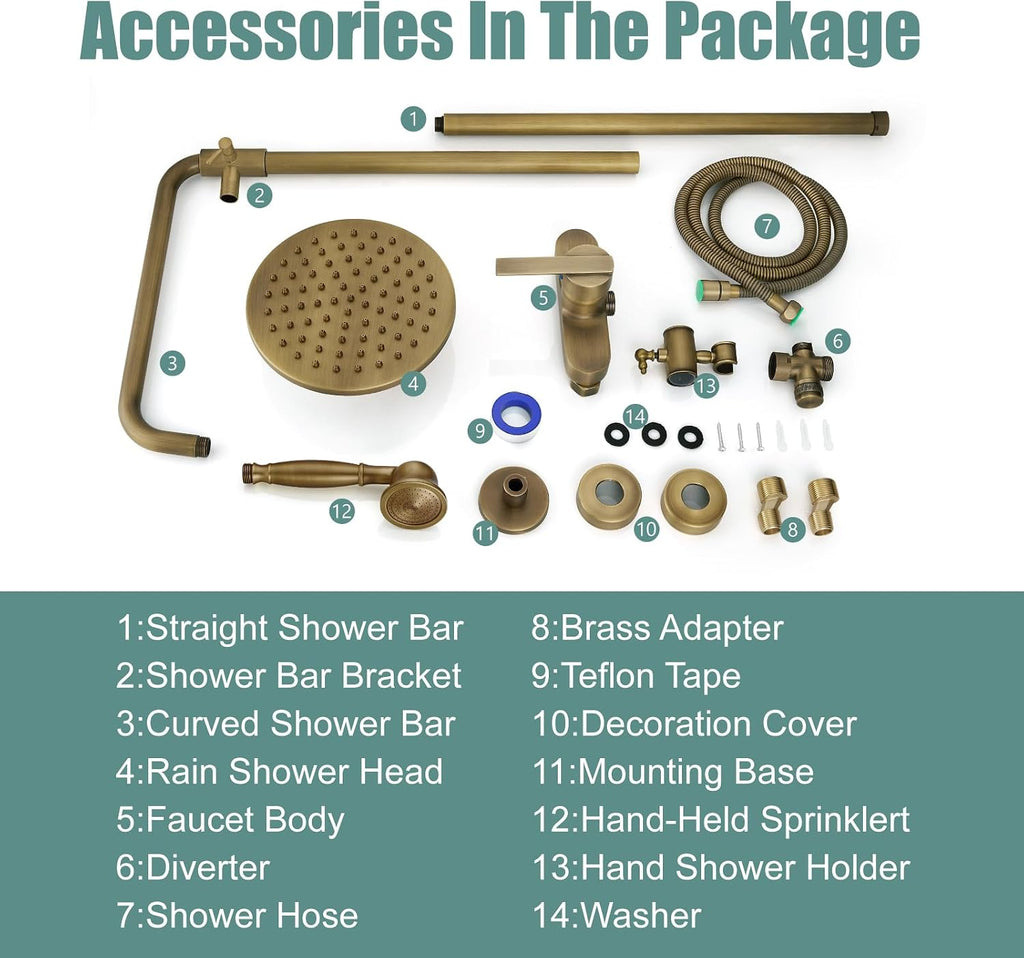 Heyalan Antique Brass Exposed Pipe Shower System 8 Inch Rainfall Shower Head Brass Fixture Combo Set Single Handle Handheld Sprayer Bathroom Shower Faucet Dual Functions