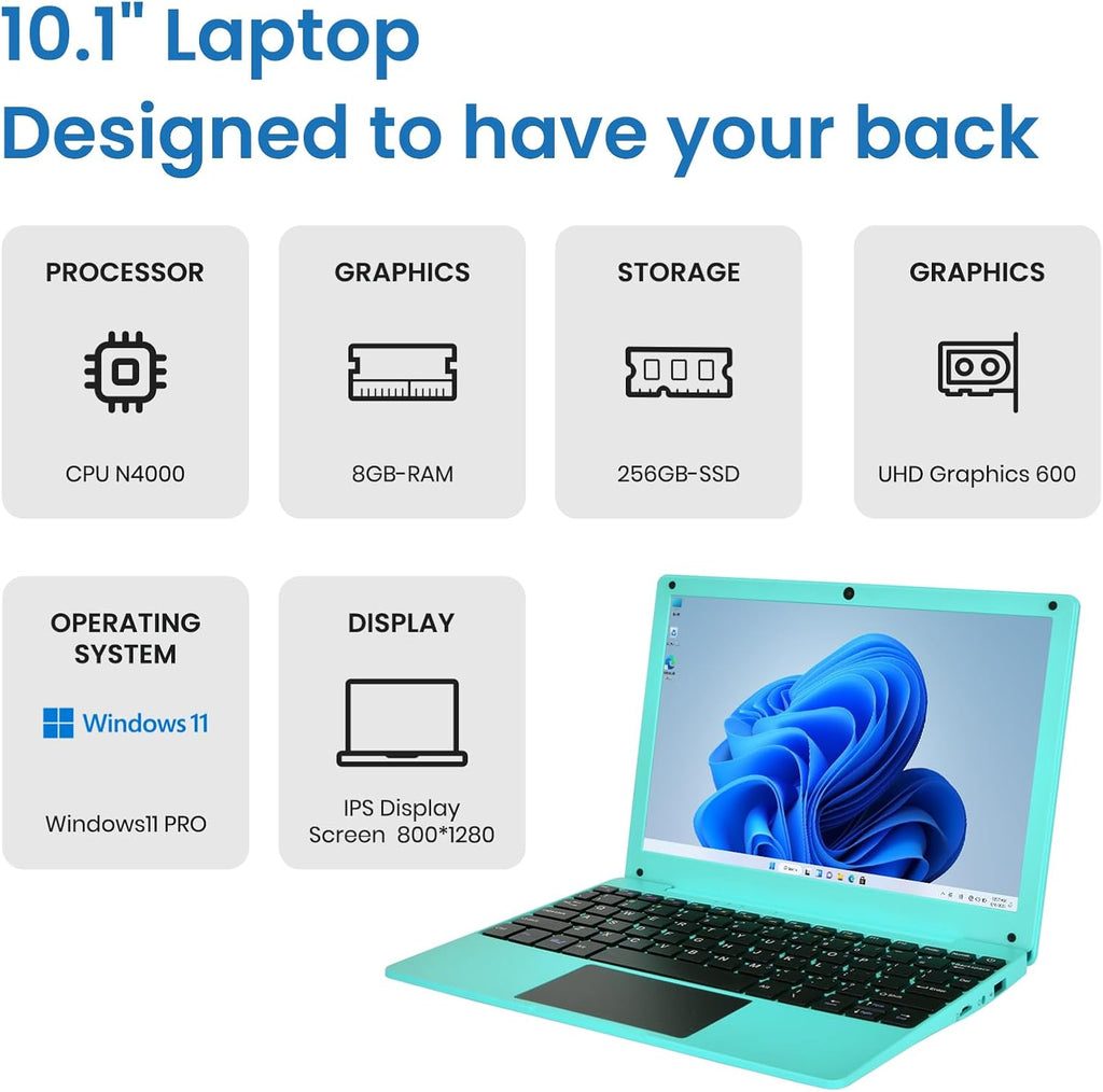 Portable Mini Education Laptop Computer with Celeron N4000 CPU 8GB RAM 256GB SSD HD IPS Screen, Laptop Computer for Learning, Office Work (Blue)