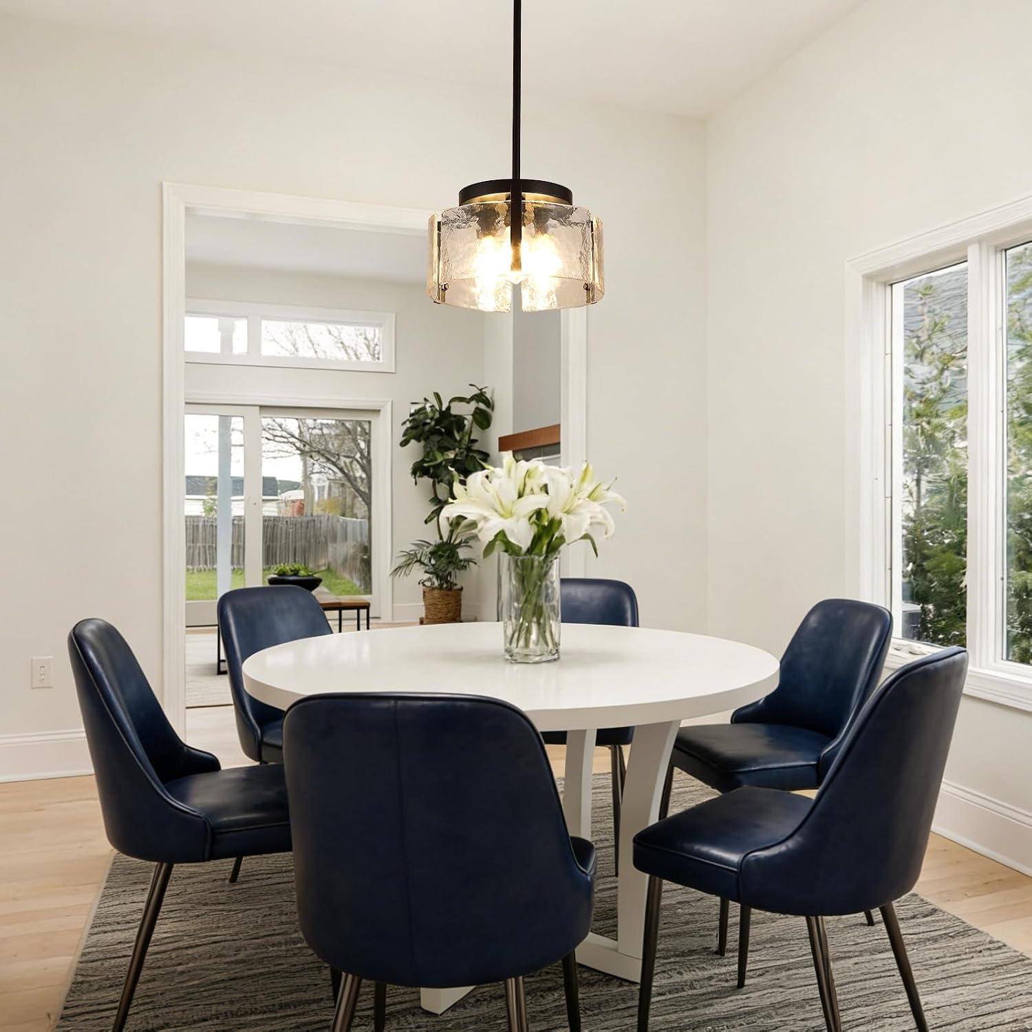 Black Dining Room Light Fixture, 3-Light Glass Drum Chandelier for Entryway, Farmhouse Kitchen Chandeliers Over Table Modern Lighting Fixtures for Foyer Hallway Bedroom Living Room