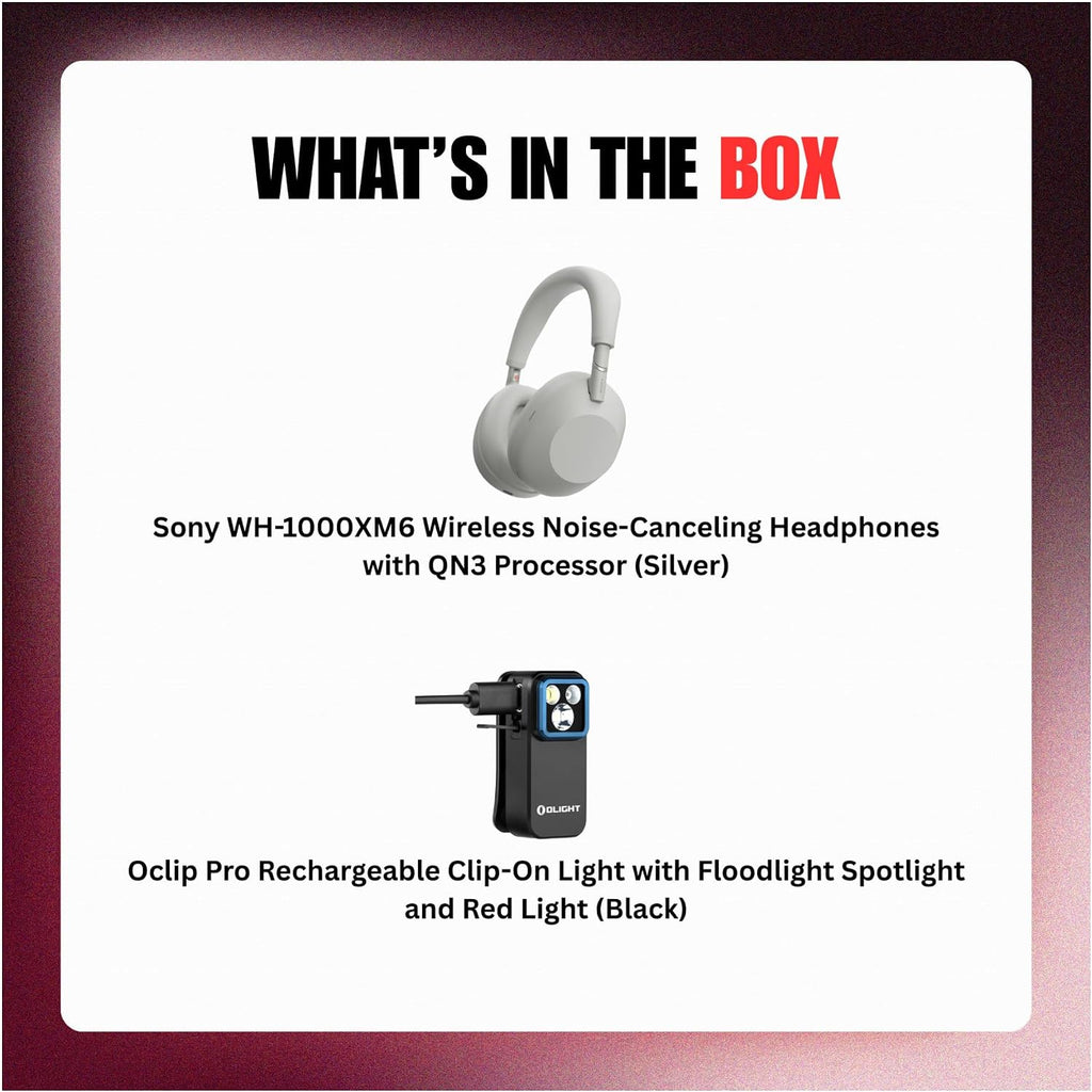 Sony WH-1000XM6 Wireless Noise-Canceling Headphones (Silver) Bundle with Rechargeable Clip-On Light (2 Items)