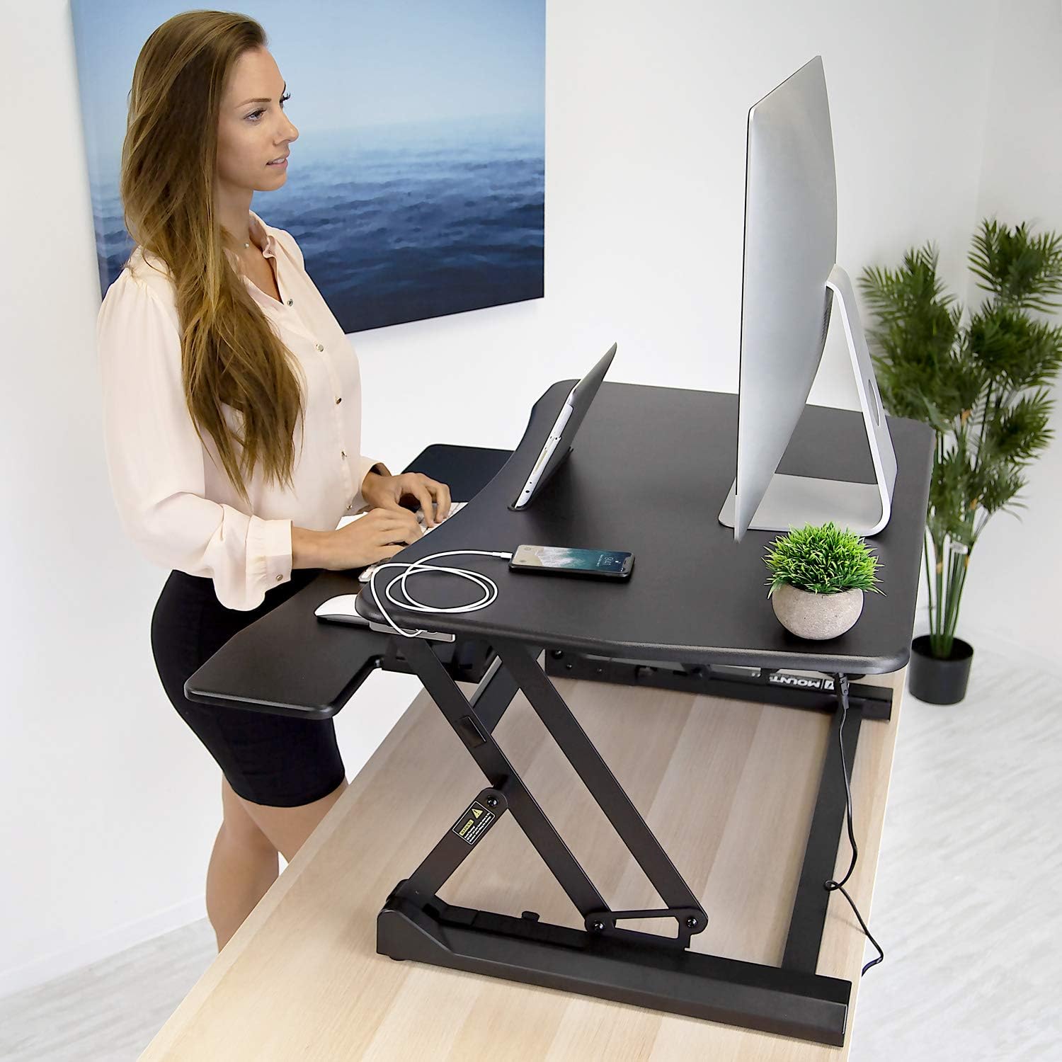 Mount-It! Electric Standing Desk Converter 35.4' Quick Sit Stand Desk Riser, Computer Workstation Motorized Easy Convertor with Built-in USB Charging Port, Ergonomic Height Adjustable in Black