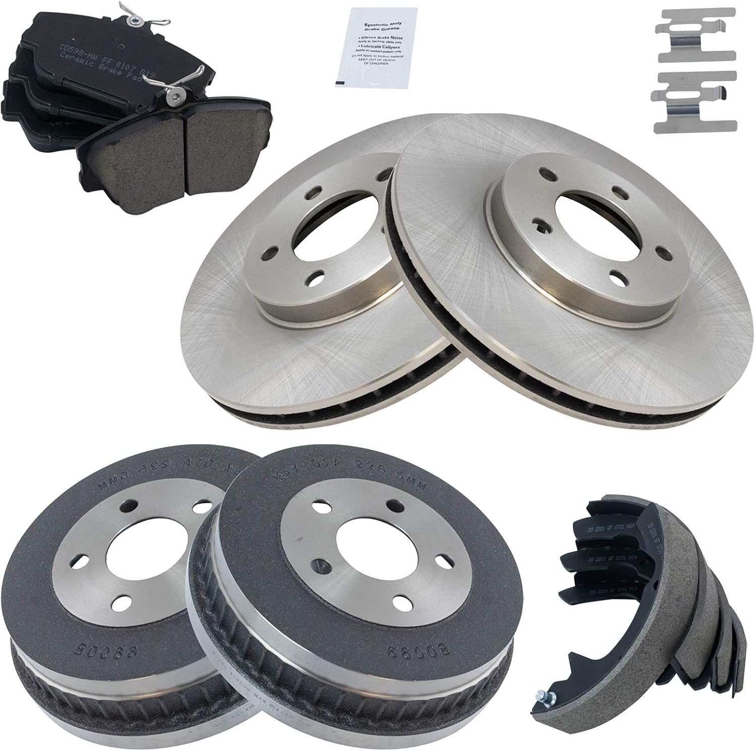 TRQ Front & Rear Posi Ceramic Disc Brake Pads Rotors Shoes & Drum Kit Set for Ford
