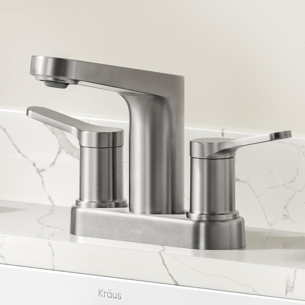 KRAUS Indy Centerset Bathroom Faucet in Spot-Free Brushed Nickel with 2 Handles, Pop Up Drain and Supply Lines, FUS-14102SFBN