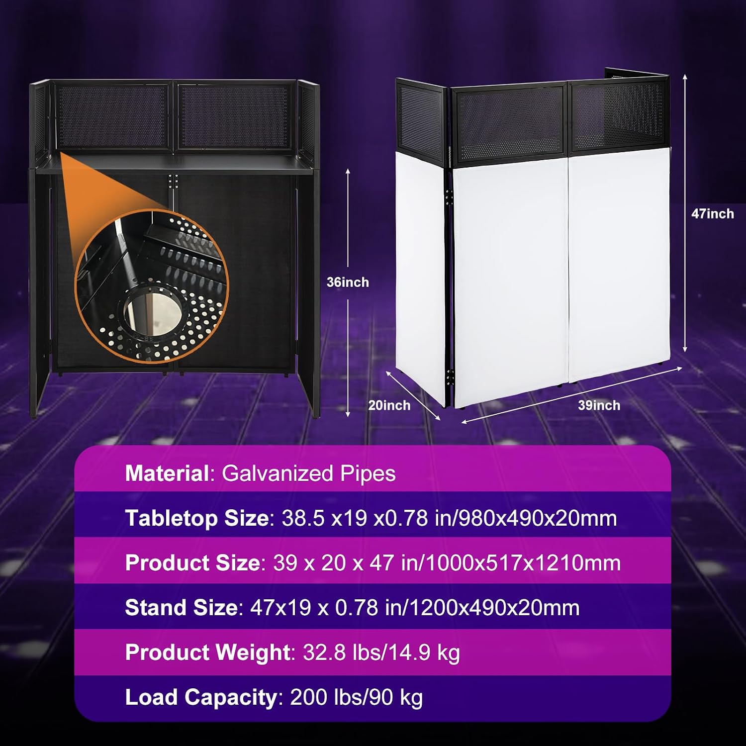 Portable DJ Booth Facade Stand | Foldable DJ Table with 38.5'x19' Surface & Cable Hole | Includes Black/White Scrims & Carry Bag for Events, Parties, Mobile DJs (DJ Station, Event Facade)