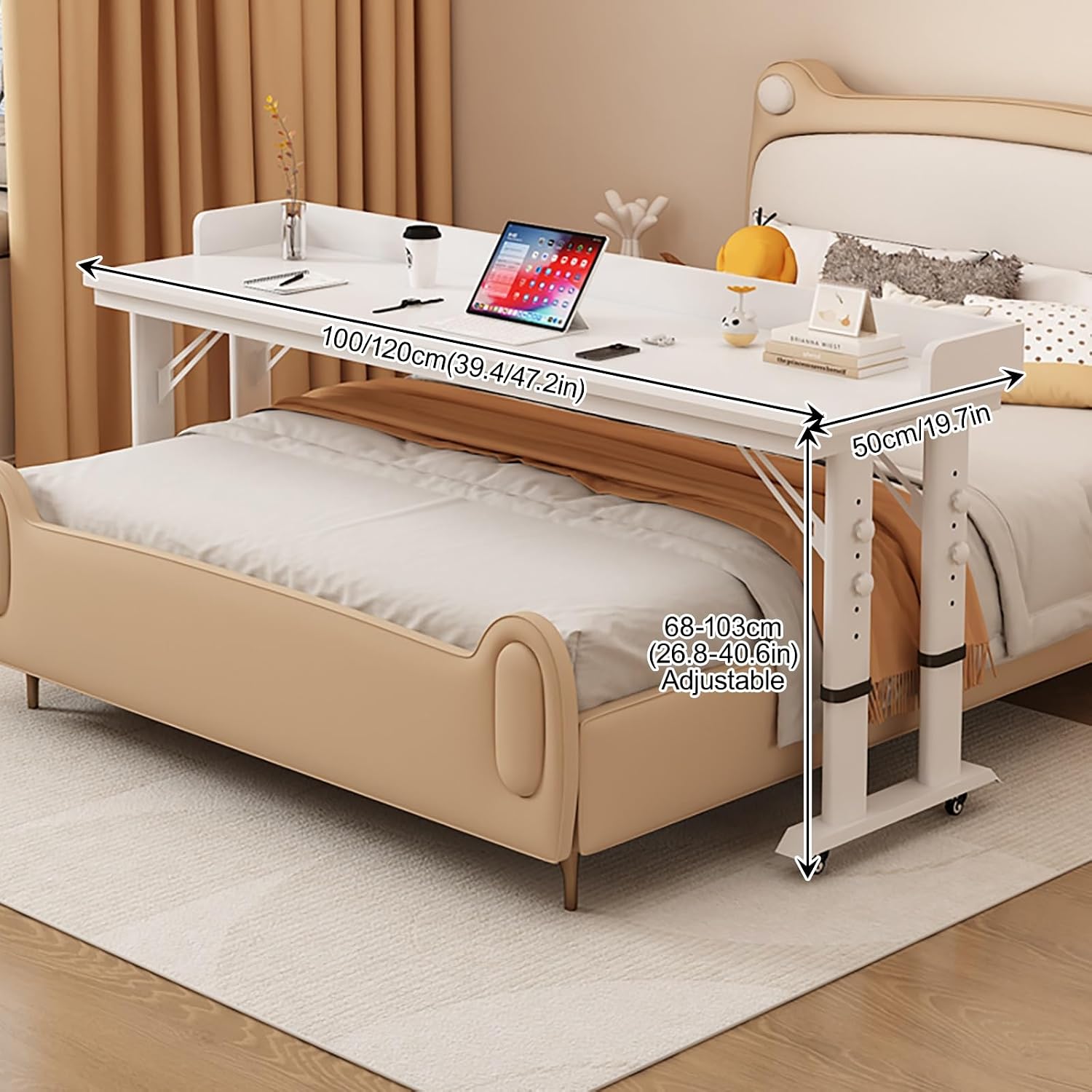 Overbed Table with Wheels Adjustable Height, Rolling Computer Desk Laptop Cart Over Bed Table for Bed Laptop Stand for Couch(Black-A,120cm/47.2in)