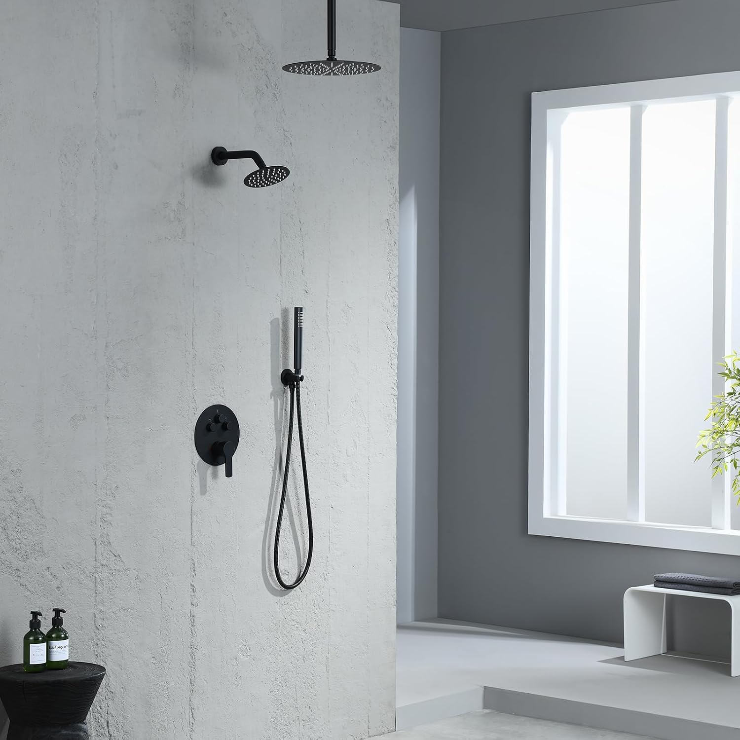 Matte Black Shower Faucet Set, Black Shower System with Rain Shower and Handheld Bathroom Ceiling 12 Inch Shower Set with Brass Valve