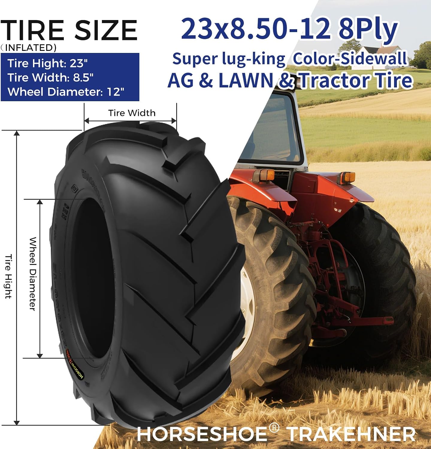 HORSESHOE TRAKEHNER 2 New 23x8.50-12 / 23x8.5-12 8PR R-1 Super Lug-King Ditch Witch Trencher AG Farm Lawn Tractor Tires 23x850x12 23x8.5x12 LRD Heavy Duty Color-Sidewall (23x8.50-12 8Ply)