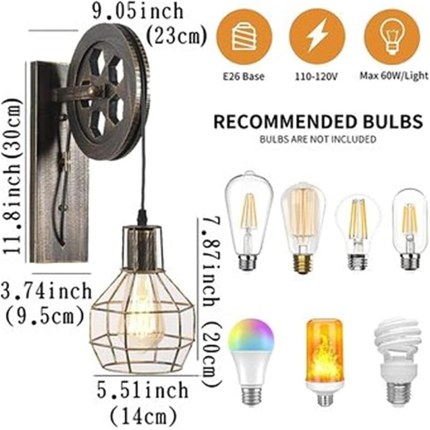 Wall Lamps & Sconces Industrial Pulley Wall Sconce Vintage Style Wrought Iron Cage Wall Lamp with Wheel Arm and Cylinder Shade Mid-Century Wall Lighting Fixture Black Wall Mounted Light for Bed(A)