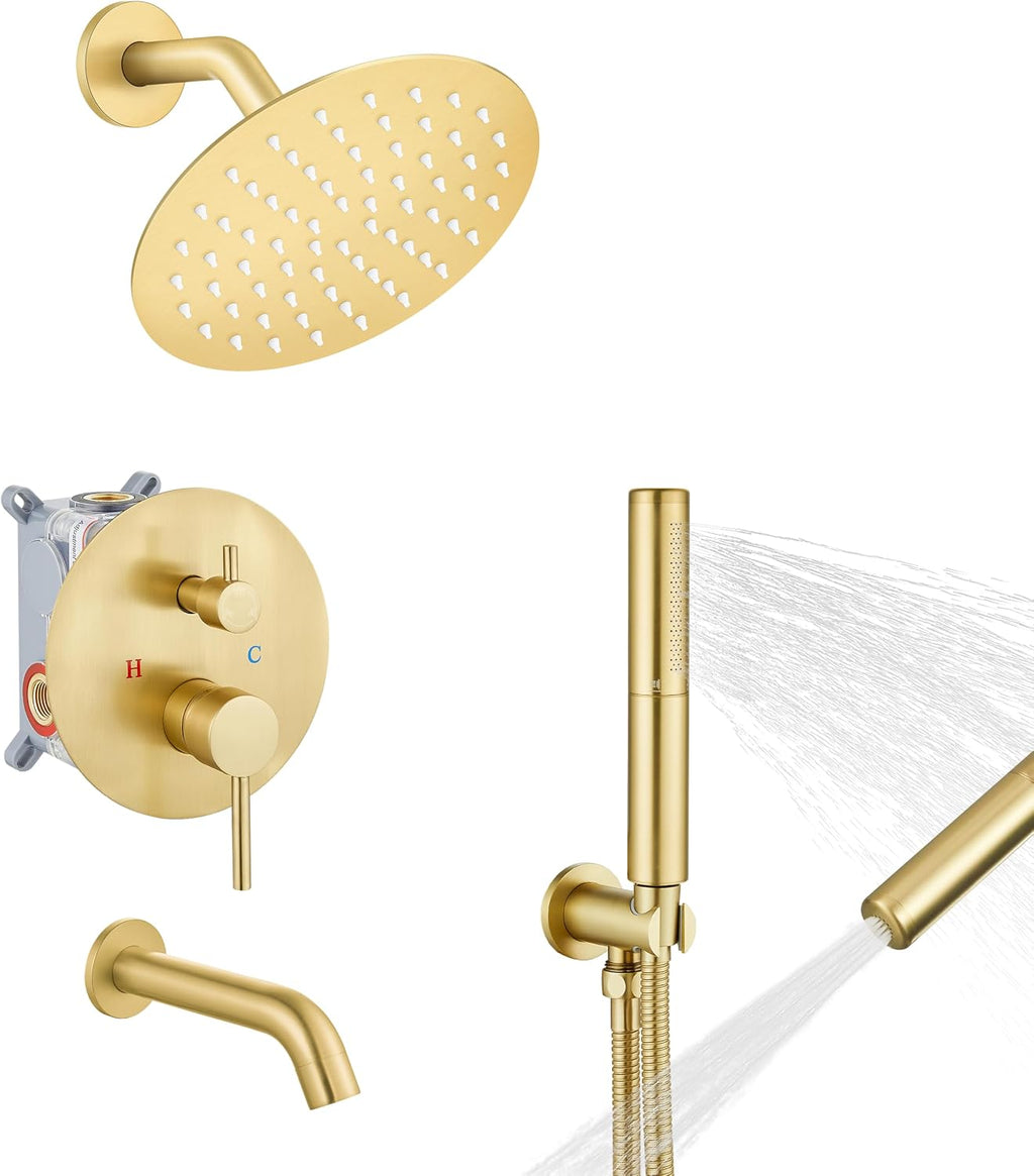 Airuida 3-Function Rain Shower System Set – Wall Mount Tub Shower Combo with Handheld Shower and Tub Spout,8 Inch Shower Head,Brushed Gold