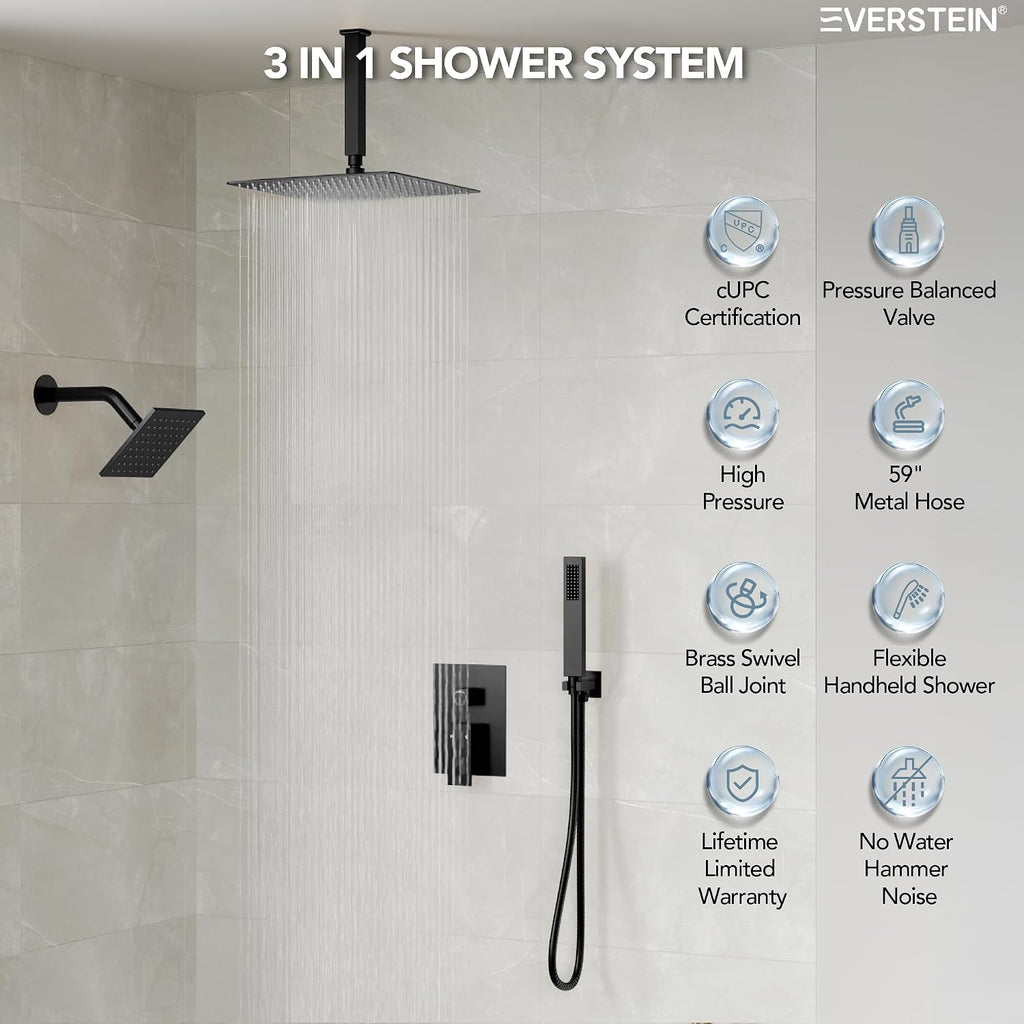 10' High-Pressure Rainfall Shower Faucet, Celling Mount Dual Shower Head System, Matte Black