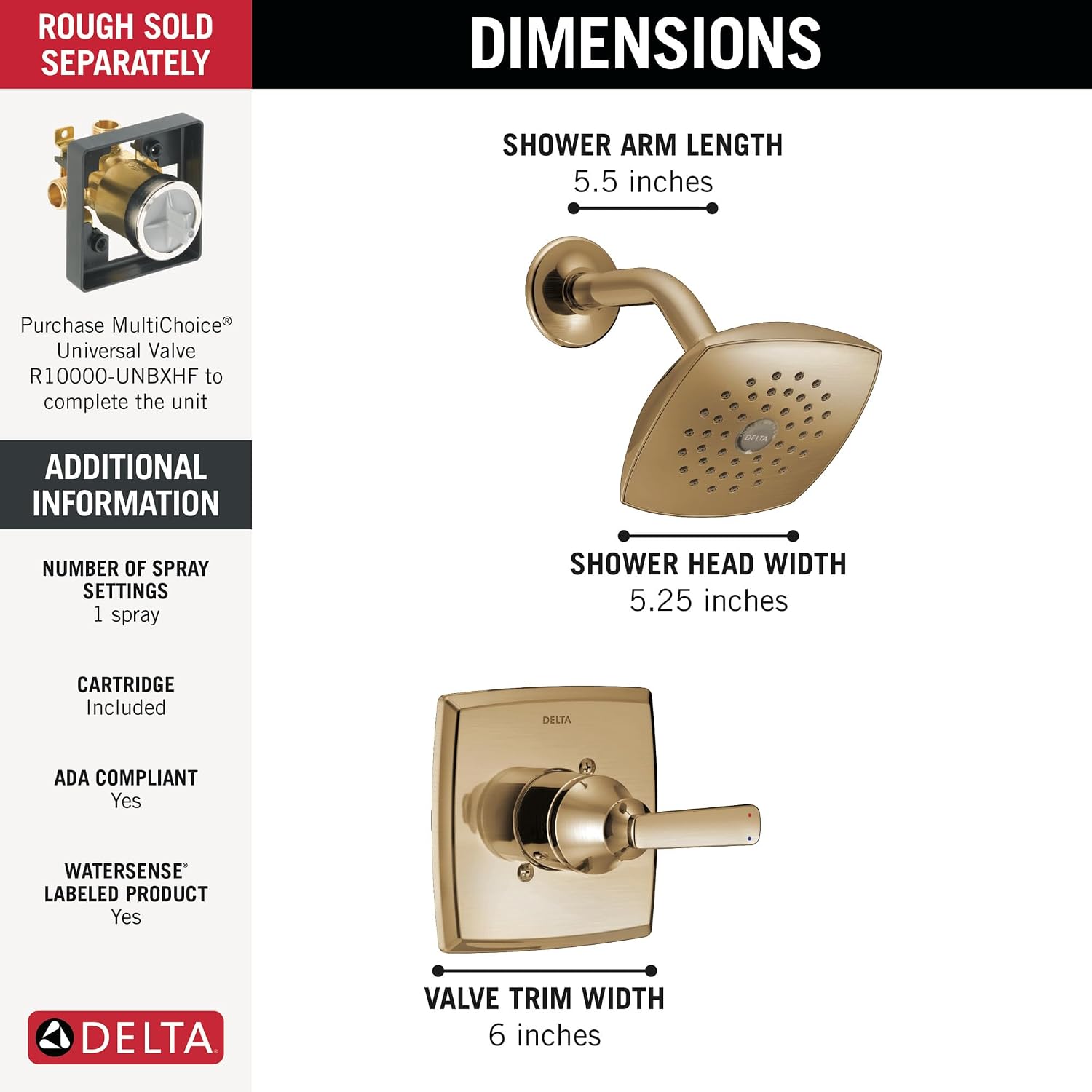 Delta Ashlyn 14 Series Shower Faucet Set, Brushed Gold Shower Head and Handle Set, Valve Trim Kit Champagne Bronze T14264-CZ (Valve Not Included)
