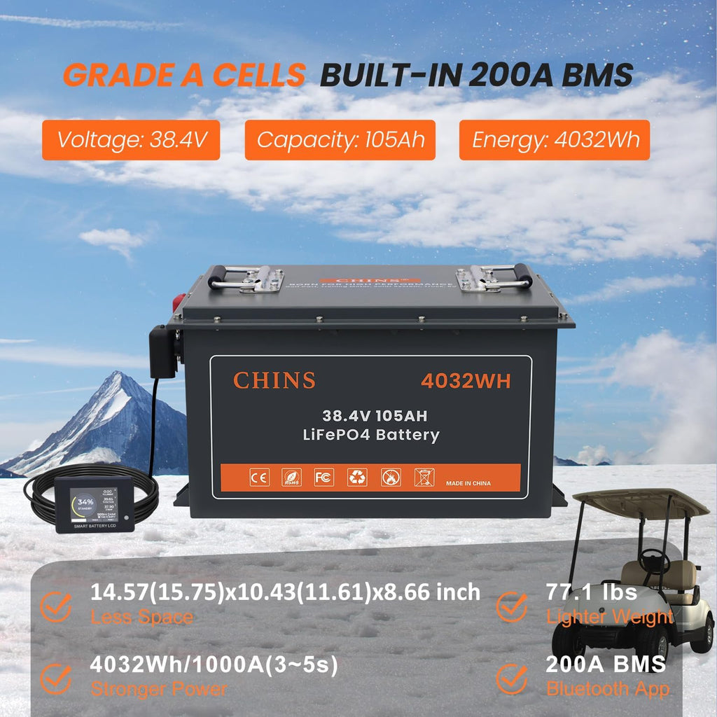 36V Lithium Golf Cart Battery, 200A BMS - 1000A Peak Current, with Touch Monitor & Mobile APP, 4000+ Cycles 36V 105AH Lithium Battery with 25A Charger, Perfect for Golf Carts, Trolling Motor