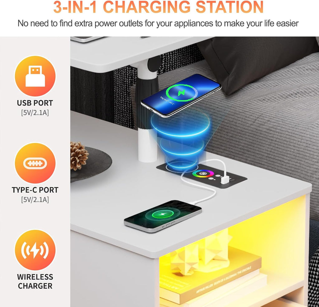 HNEBC LED Nightstand with RGB Lights&Charging Station for Bedroom, Smart Bedside Table with Lockable Wheels, 2 Drawer, Modern End Side Table with Adjustable Rotary (White)