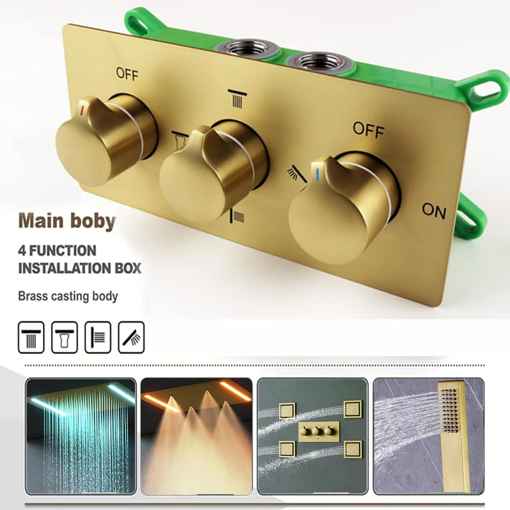 Bathroom Brushed Gold Ceiling 20X14 Inch Rain Shower Head With LED Control Spa Bath Body Massage Combo Set Luxury Rainfall Shower System Fixtures