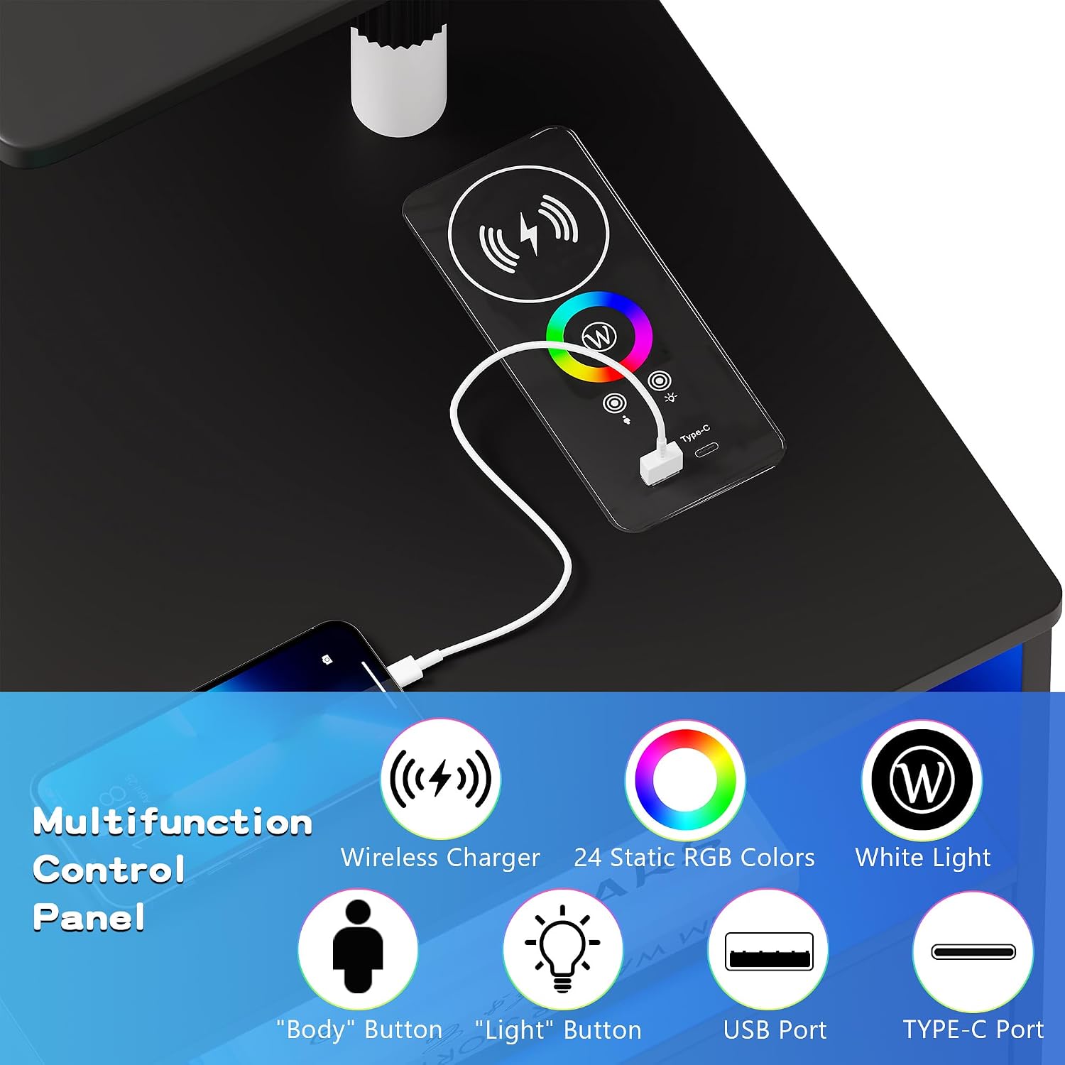 Smart Night Stand with 360° Laptop Tray, RGB Nightstand with Charging Station,Modern Bedside Table with 24-Color Human Sensor Lights,Large End Table w/ 2 Drawers,3 Shelves,5 Wheels,Black