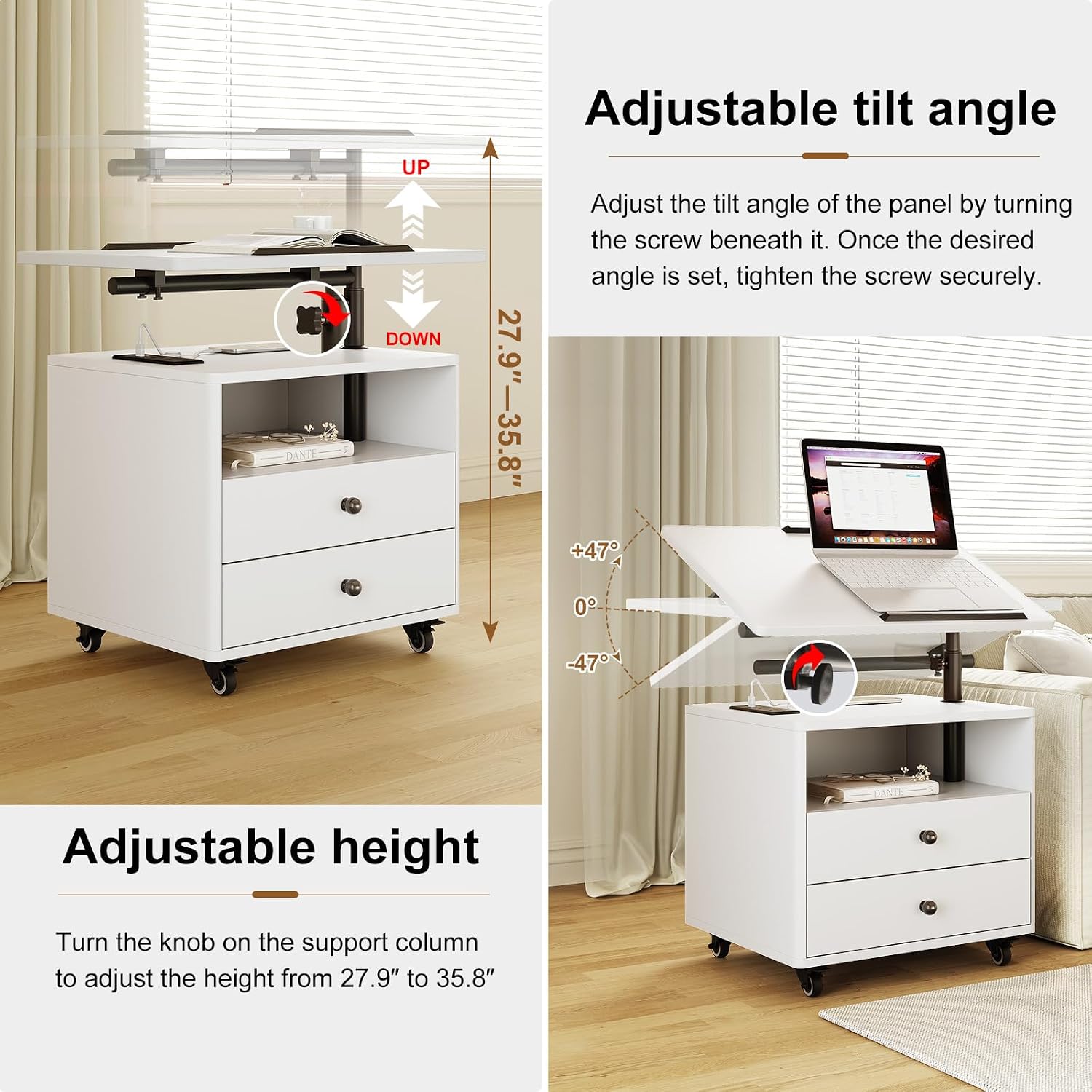 Bedroom Nightstand with Drawers & Charging Station, Adjustable Height Bedside Table with Wheels, Wooden Small Sofa Side Tables with Storage for Living Room, White