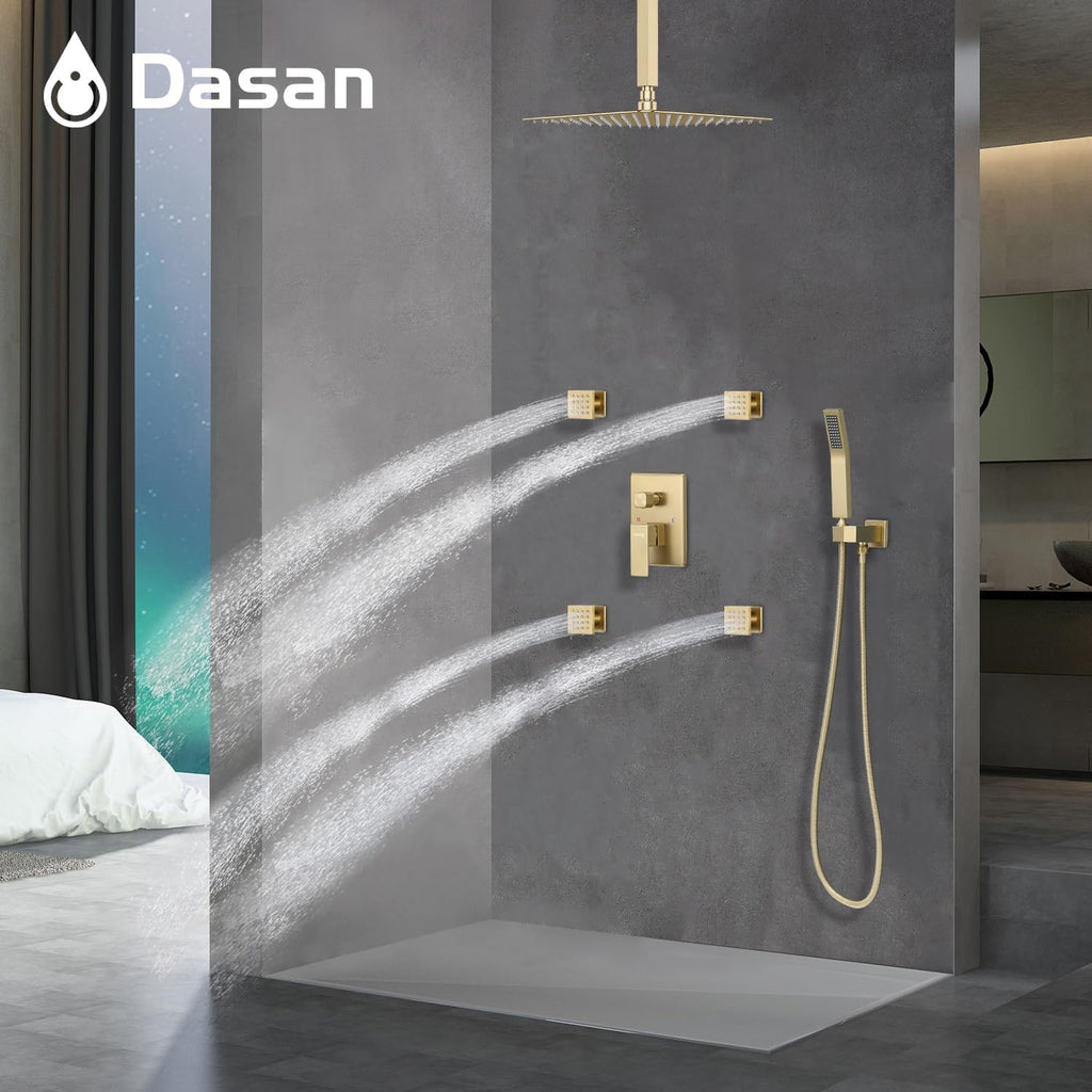 Brushed Gold Shower System with 4 PCS Shower Body Spray Jets & 12'' Ceiling Shower Head & Handheld Spray, DASAN Full Body Shower Faucet System with Jets Rainfall Shower Combo Set, SA-SS03BBG-S12C